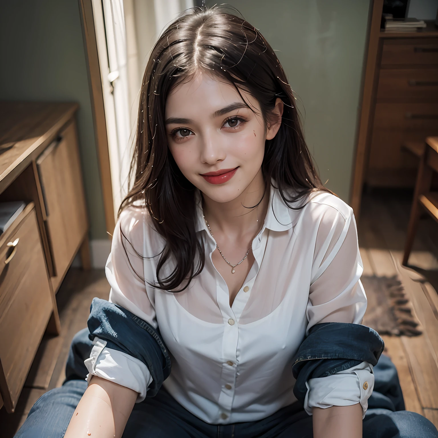 skin is wet,Infidelity woman,(mature motherly woman:1.5),(erotick:1.5)50-year-old woman,(Spread your crotch:1.2),Bedroom, Maste Piece, Best Quality, (ultra hyper-detailed:1.5), (photographrealistic:1.27), professional photograpy, Soft light, Raw photo,High Resolution, High Detail Skin, High Detail Face, front from, watch audience, break, (Cowboy Shot;1.2),Full body, (in president's office), small head, thin head, (Evil Smile:1.4), black and long hair, black and cute eyes, (facial wrinkle:1.2), (dry skin:1.1), (Aging body:1.1), natural make up, Smile, One lady, break, White silk blouse,Infidelity woman