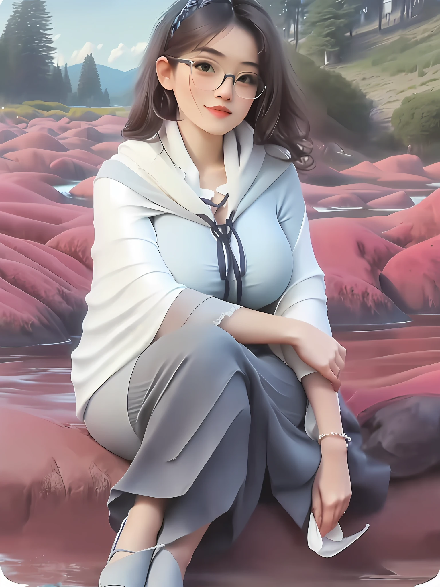 ((Highest image quality+wide screen+Full body like+1girl huge large breasts)), ((Beautiful looks+Beautiful maiden+Height 1.8 meters+slimfigure+The sleeves are slightly wider+office lady uniform+Delicate gray long dress+Temperament sitting posture+Glasses with lenses+Thin legs stretched forward+Long hair shawl+Stibaletto lace-up heels)), ((Outdoor scenery background+Natural scenery+The blue sky and white clouds+Green grass+Flowers+river stream+moutain terrain)), ((The light is delicate and soft+Cozy and warm atmosphere+A gentle breeze+Fade into light and shadow))
