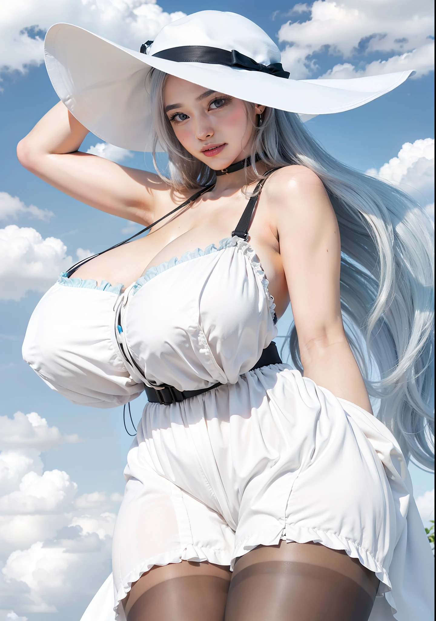 An Idol k-pop girl, (cute face, lewd face), braid hair, intricate face details, detailed face, golden ratio face, ((big breasts:1)), ((slim waist, big butt, big hip, big thighs)), ((intricate hands, detailled hands)), ((intricate feets, detailled feets)), full body, 64K, UHD, HDR, global illumination, (high quality, high detailed, hyper detailed, extremely detailed), photo realistic, ultra realistic, art photo, (clarify the details, detailed parts body), intricate artwork masterpiece, trending on artstation, (shoft smile), (polished skin:1), black long socks, see through clothes, ((no underwear)), (light blue eyes:1), hat, sky, clouds
