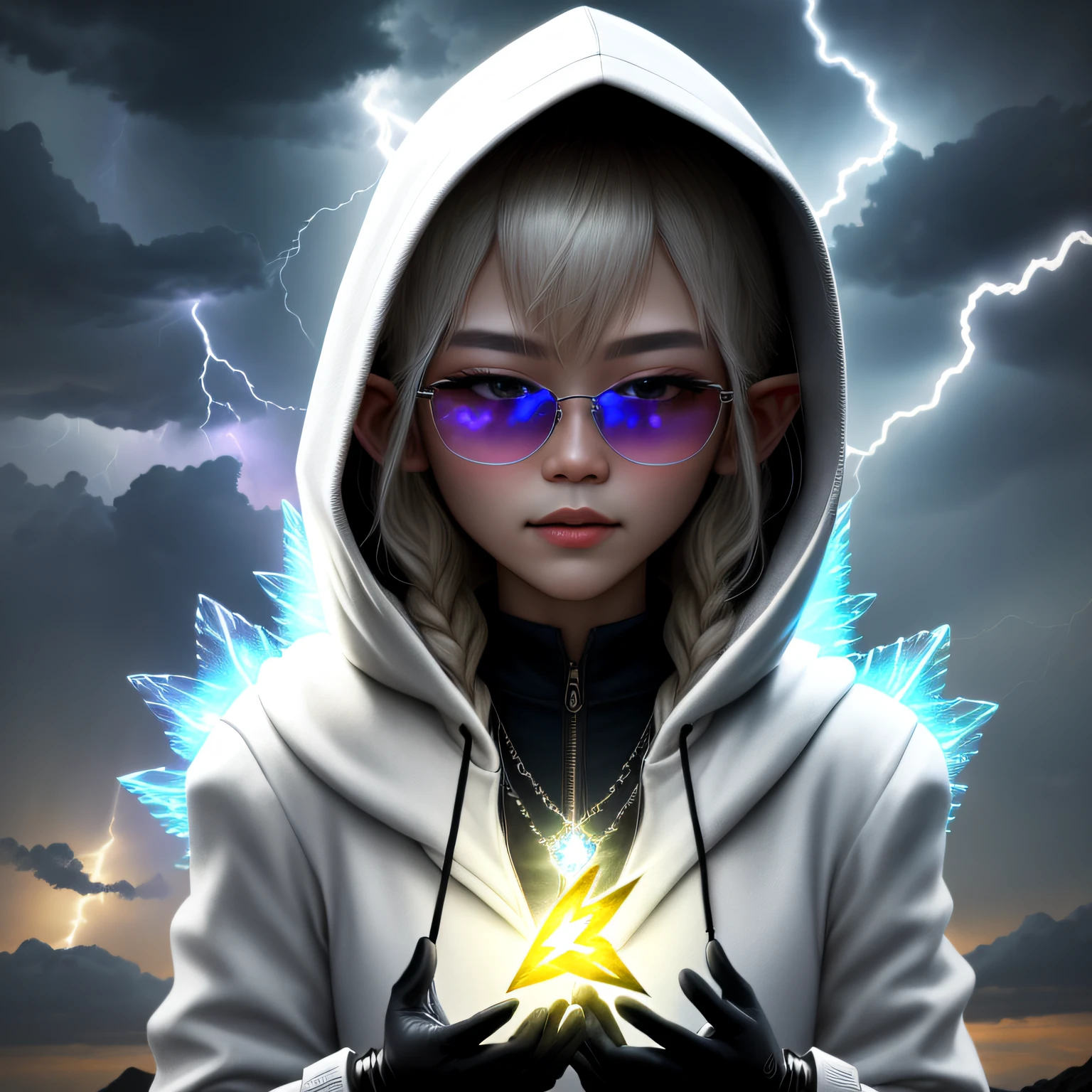 Asian fairy wearing silk hooded and glowing gloves,Lateral face,A collarless coat,Lightning hands,sunglasses,Cyberpunk smoke,(((nmasterpiece))),(((Best Quority))(Ultra-detailded)(illustration)(Detailed lighting)((unexpressive))(nmasterpiece)(Best Quority)(Ultra-detailded)(photorealestic),(Detailed light),((an extremely delicate and beautiful one),((faerie)),((lightning in hand)),Lightning surrounds the fairy,((lightning chain)),Suspended crystals,There is lightning inside the crystal,