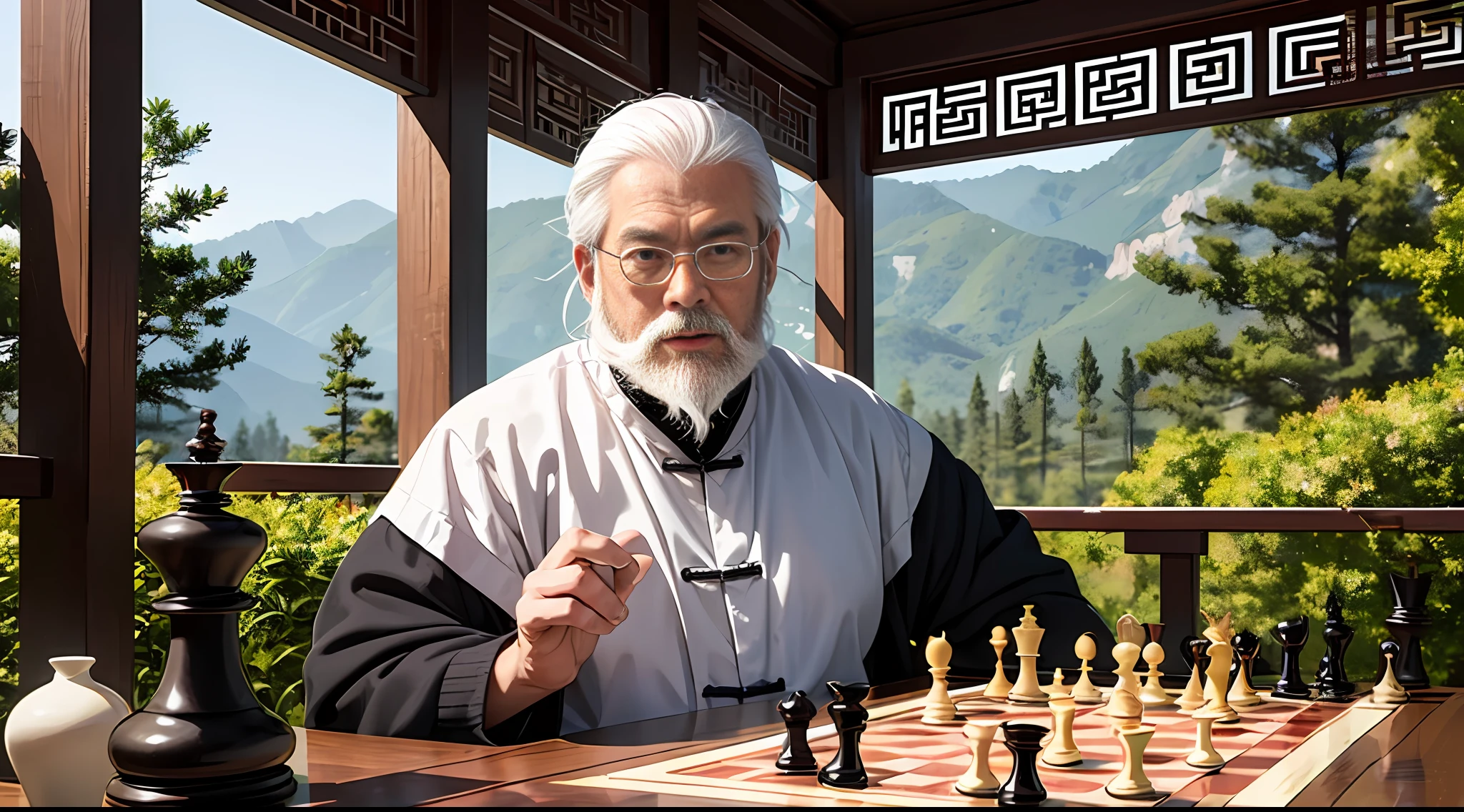 1 man,he is a Chinese man,White hair,Long white beard,Face the lens,Sit behind a Chinese chess board,The background is a natural landscape --auto