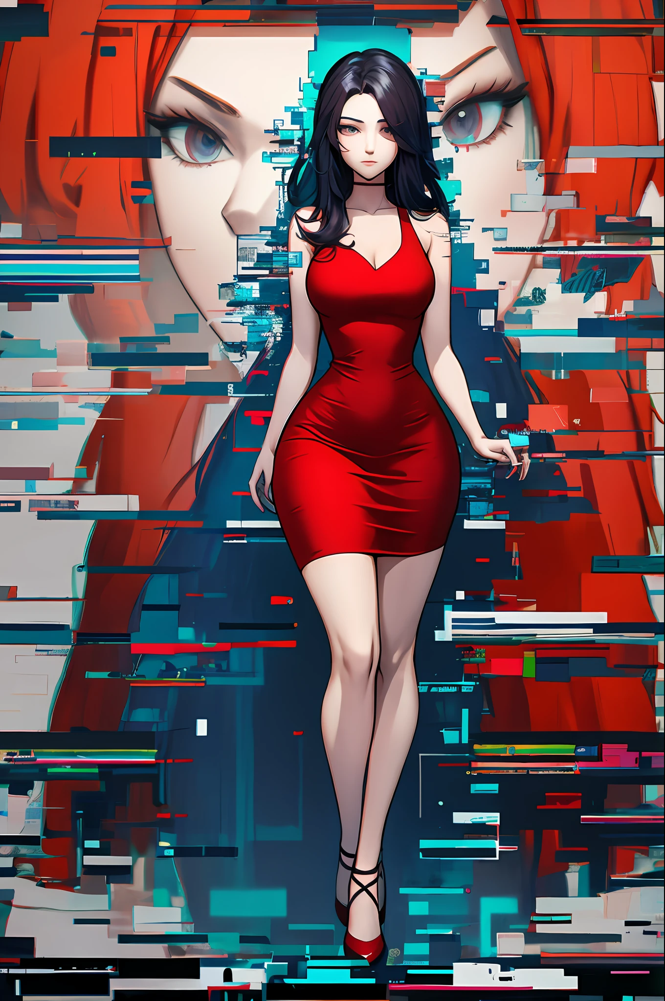 Beautiful woman, Highly detailed, High Quality, Masterpiece, beautiful, Glitching, glitch, solo, Girlfriend, red dress, full body, curvy body.