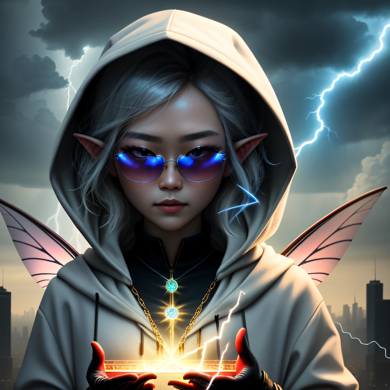 Asian fairy wearing silk hooded and glowing gloves,Lateral face,A collarless coat,Lightning hands,sunglasses,Cyberpunk smoke,(((nmasterpiece))),(((Best Quority))(Ultra-detailded)(illustration)(Detailed lighting)((unexpressive))(nmasterpiece)(Best Quority)(Ultra-detailded)(photorealestic),(Detailed light),((an extremely delicate and beautiful one),((faerie)),((lightning in hand)),Lightning surrounds the fairy,((lightning chain)),Suspended crystals,There is lightning inside the crystal,