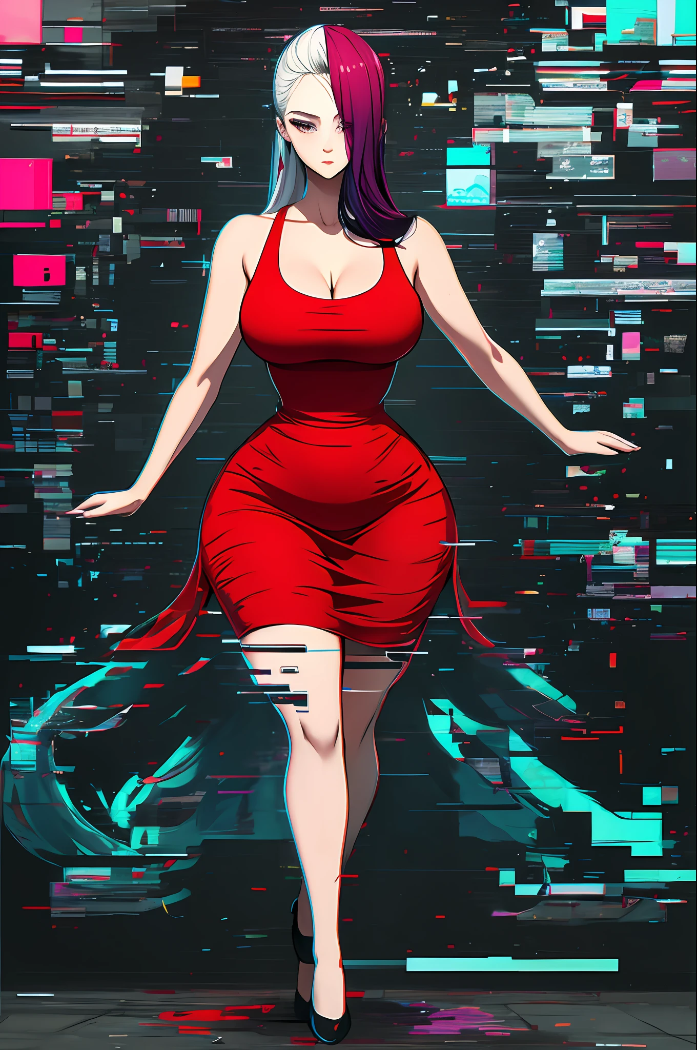 Beautiful woman, Highly detailed, High Quality, Masterpiece, beautiful, Glitching, glitch, solo, Girlfriend, red dress, full body, curvy body.