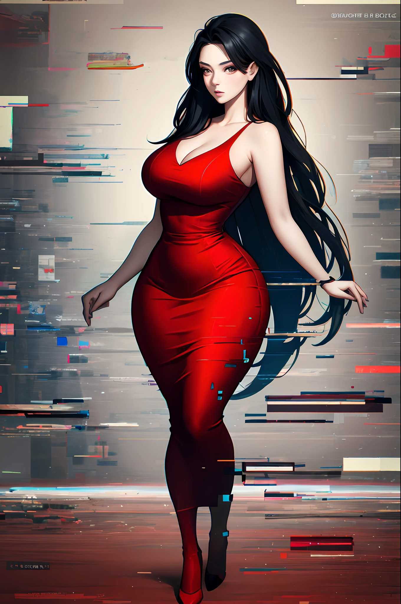 Beautiful woman, Highly detailed, High Quality, Masterpiece, beautiful, Glitching, glitch, solo, Girlfriend, red dress, full body, curvy body.