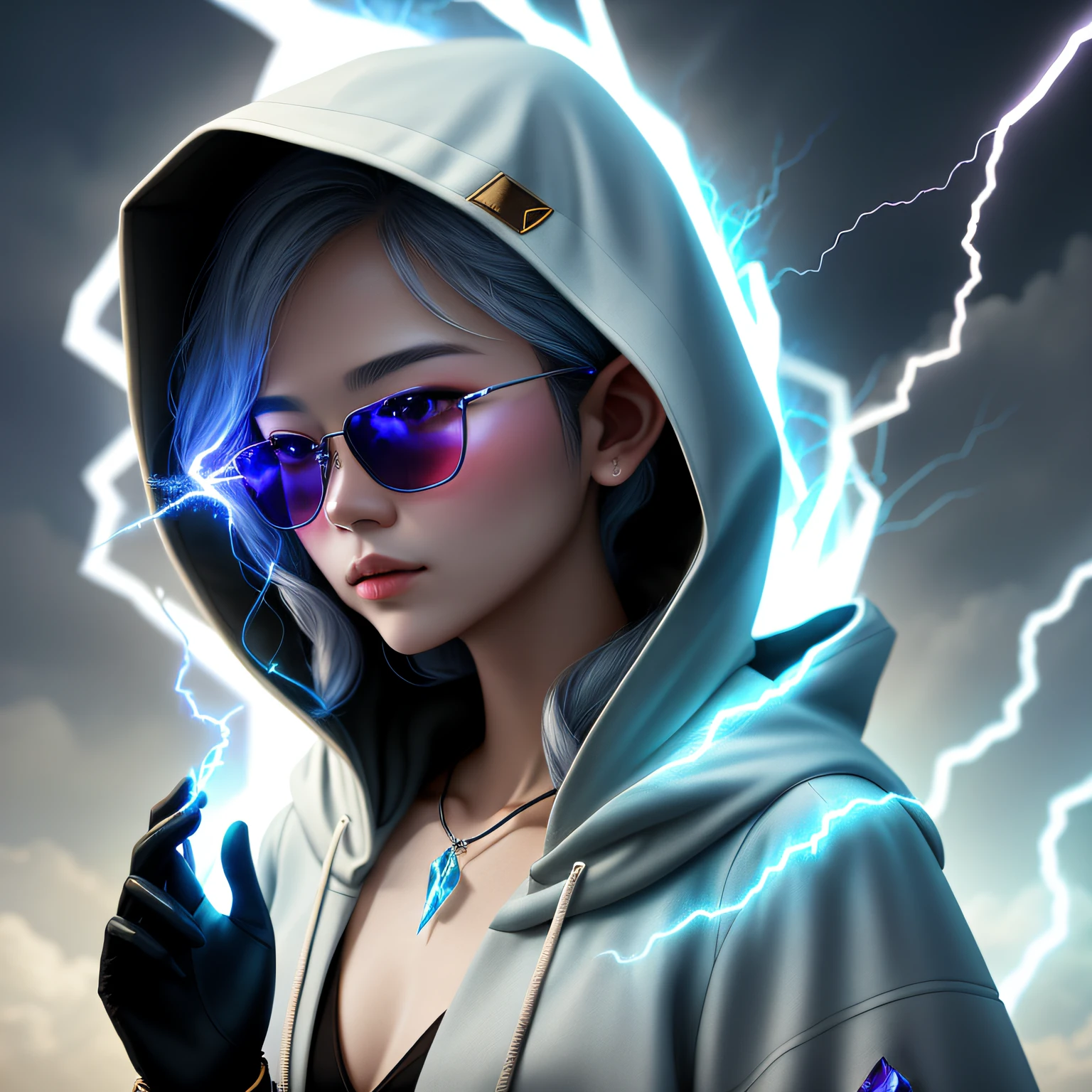 Asian fairy wearing silk hooded and glowing gloves，Lateral face，A collarless coat，Lightning hands，sunglasses，Cyberpunk smoke，（（（nmasterpiece））），（（（Best Quority））（Ultra-detailded）（illustration）（Detailed lighting）（（unexpressive））（nmasterpiece）（Best Quority）（Ultra-detailded）（photorealestic），（Detailed light），（（an extremely delicate and beautiful one），（（faerie）），（（lightning in hand）），Lightning surrounds the fairy，（（lightning chain）），Suspended crystals，There is lightning inside the crystal，