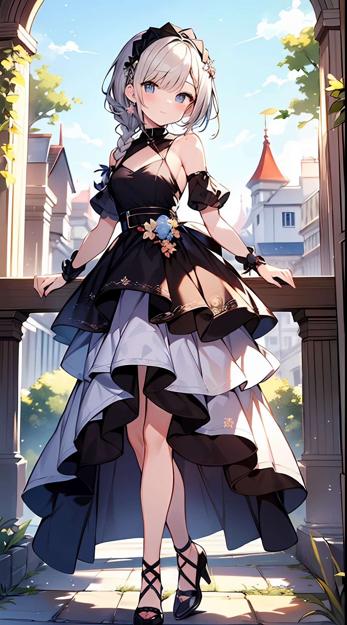 (incredibly absurdres absolutely resolution: 1.5), highest quality, masterpiece, ultra high resolution, 8k, (multiple girls), (gorgeous dresses with many gorgeous and colorful decorations) BREAK shoujo manga style, (loli), soft line drawing, digital enhancement, shojo manga touch, environmental change scenes, shojo manga core, ( Hair length to the shoulders))), (((short braid))), ancient capital of the West, full body visible angle, entangle, beautiful and aesthetic: 1.5, High quality: 1.3