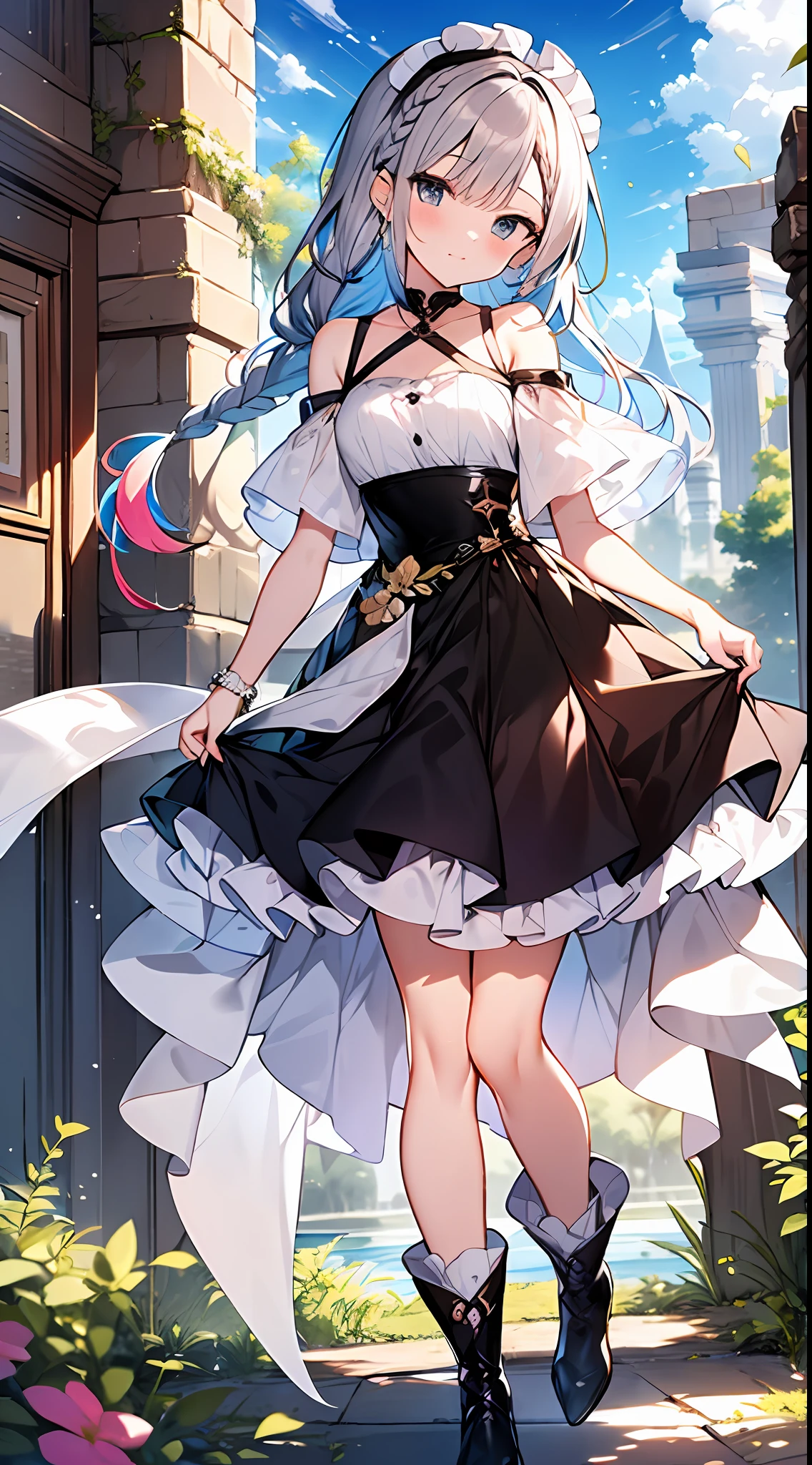 (incredibly absurdres absolutely resolution: 1.5), highest quality, masterpiece, ultra high resolution, 8k, (multiple girls), (gorgeous dresses with many gorgeous and colorful decorations) BREAK shoujo manga style, (li), soft line drawing, digital enhancement, shojo manga touch, environmental change scenes, shojo manga core, ( Hair length to the shoulders))), (((short braid))), ancient capital of the West, full body visible angle, entangle, beautiful and aesthetic: 1.5, High quality: 1.3