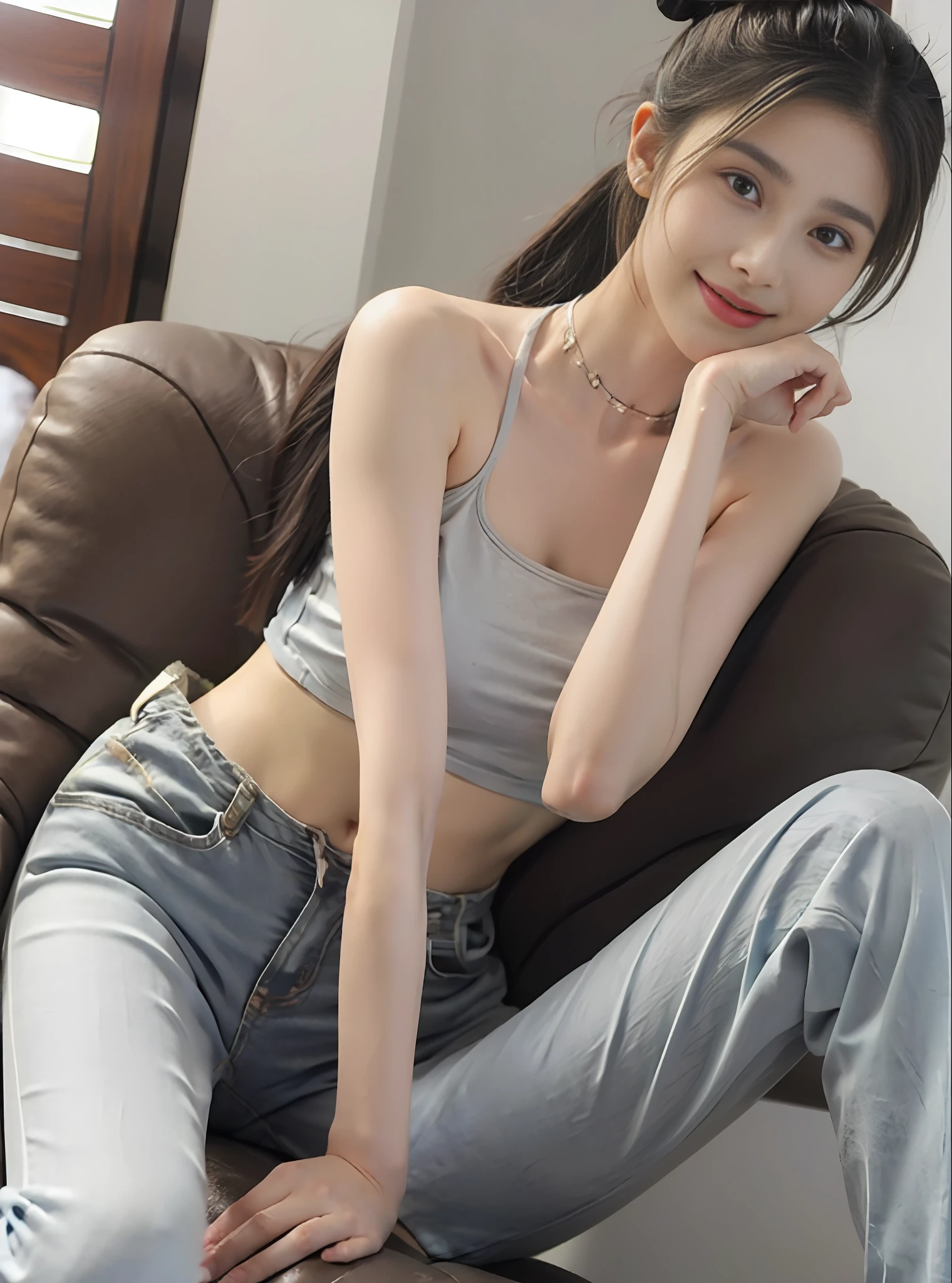 (8K,Best Quority,masterpaintings:1,2),(realisticlying,photo-realistic:1.37),top Quority,masterpaintings,A girl in white jeans who is going up to the flyover, Petite and skinny, Slim waist and hips,Slim,(White skinny jeans, White pants), Ultra HD photos, wearing jeans, her navel is exposed, Thin waist, Tight Fit Clothing, White jeans, Black sheer T-shirt, big breasts thin waist,Shop on a summer afternoon and cross the overpass,taking a full body photo,((Best Quority, 8K, masterpaintings:1.3)), focal point:1.2, Skinny beauty:1.4, Cocked buttocks:1.2, ((Fluffy and flowing high ponytail student hair:1.2, Beautiful breasts:1.2)), (wetclothes:1.1) , Crop top with a tight and shuffy top:1.1, White high-end brand jeans(Super realistic detailed jeans,Realistic detailed jeans texture and graininess:0.45),(no mask on,with a choker,耳Nipple Ring),Highly detailed facial and skin texture, detailed eye, 双眼皮,Swollen eyes,Little goose egg face:1.0,Whitens glowing skin,Fluffy and flowing long hair and bangs,(Baring teeth,Baring tongue:0.8),smil:1.0,An alluring smile with dimples,