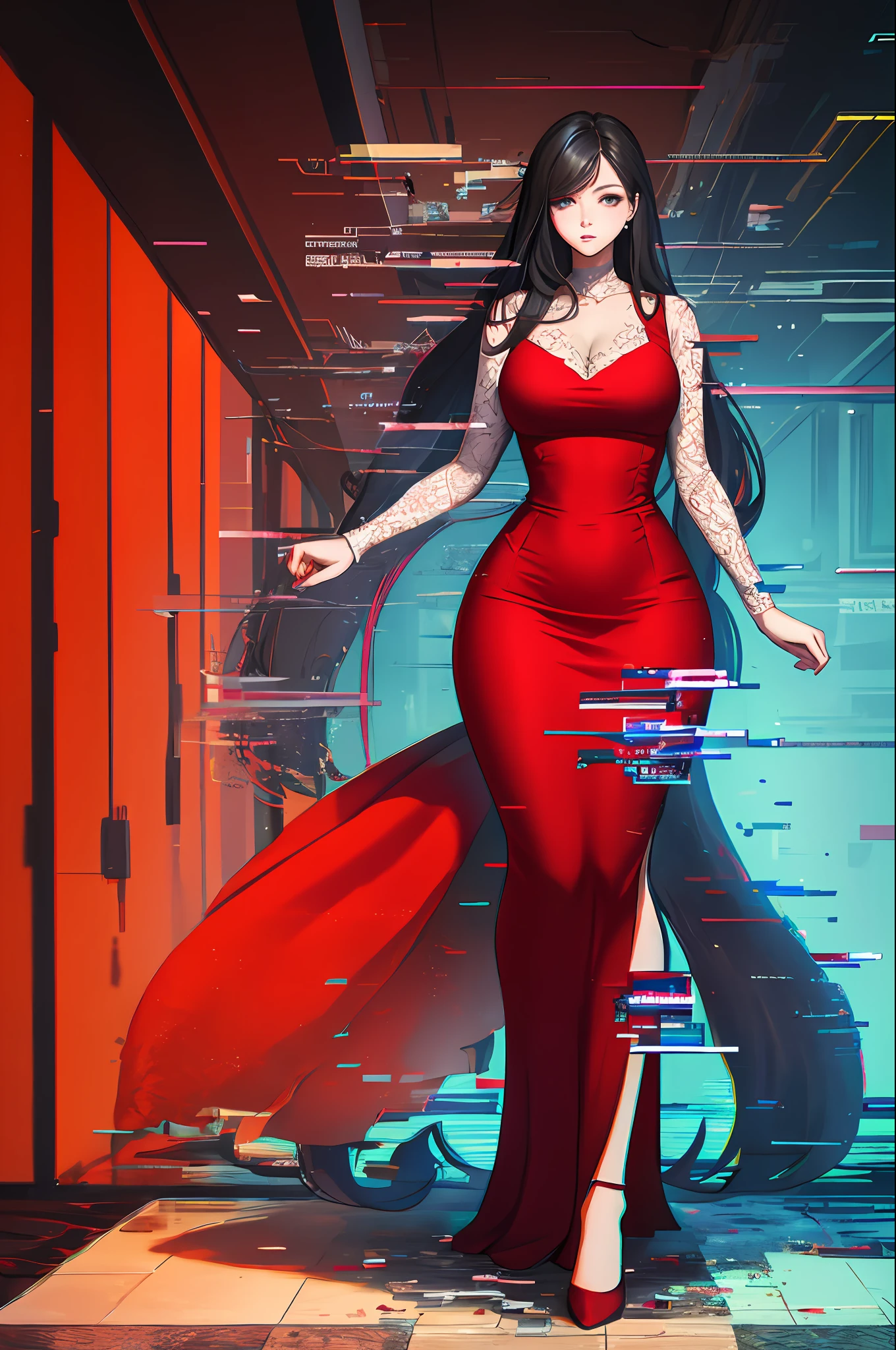 Beautiful woman, Highly detailed, High Quality, Masterpiece, beautiful, Glitching, glitch, solo, Girlfriend, red dress, full body, curvy body.