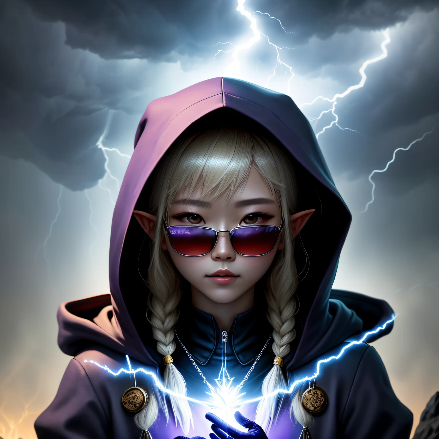 Asian fairy wearing silk hooded and glowing gloves,Lateral face,A collarless coat,Lightning hands,sunglasses,Cyberpunk smoke,(((nmasterpiece))),(((Best Quority))(Ultra-detailded)(illustration)(Detailed lighting)((unexpressive))(nmasterpiece)(Best Quority)(Ultra-detailded)(photorealestic),(Detailed light),((an extremely delicate and beautiful one),((faerie)),((lightning in hand)),Lightning surrounds the fairy,((lightning chain)),Suspended crystals,There is lightning inside the crystal,