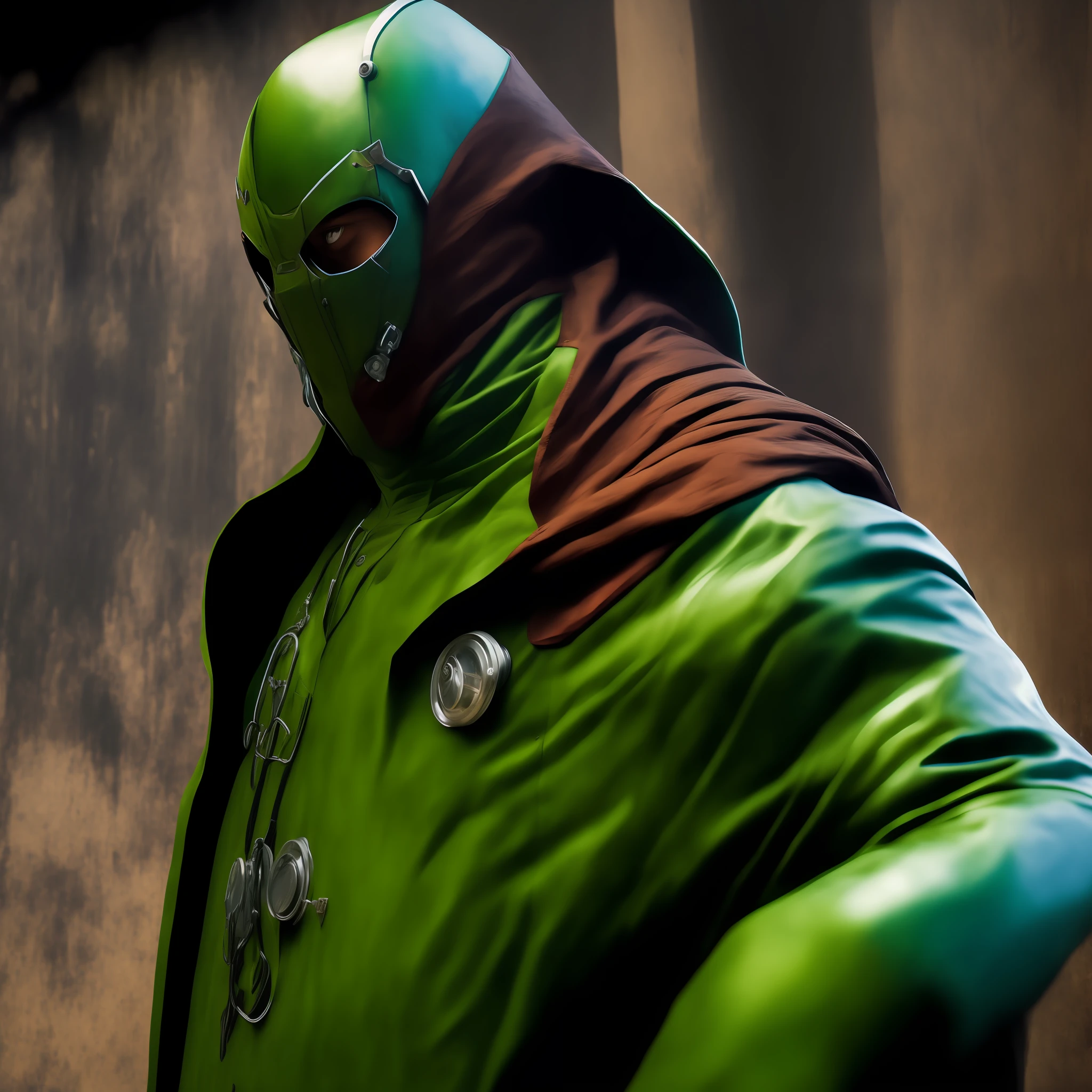 somente, obra-prima, melhor qualidade, medium shot of Doctor Doom green suit, capa. Metal mask covering face, maravilha, Postura de luta, dinamic angle, furto, ciborgue, rosto de furto, corpo metalico