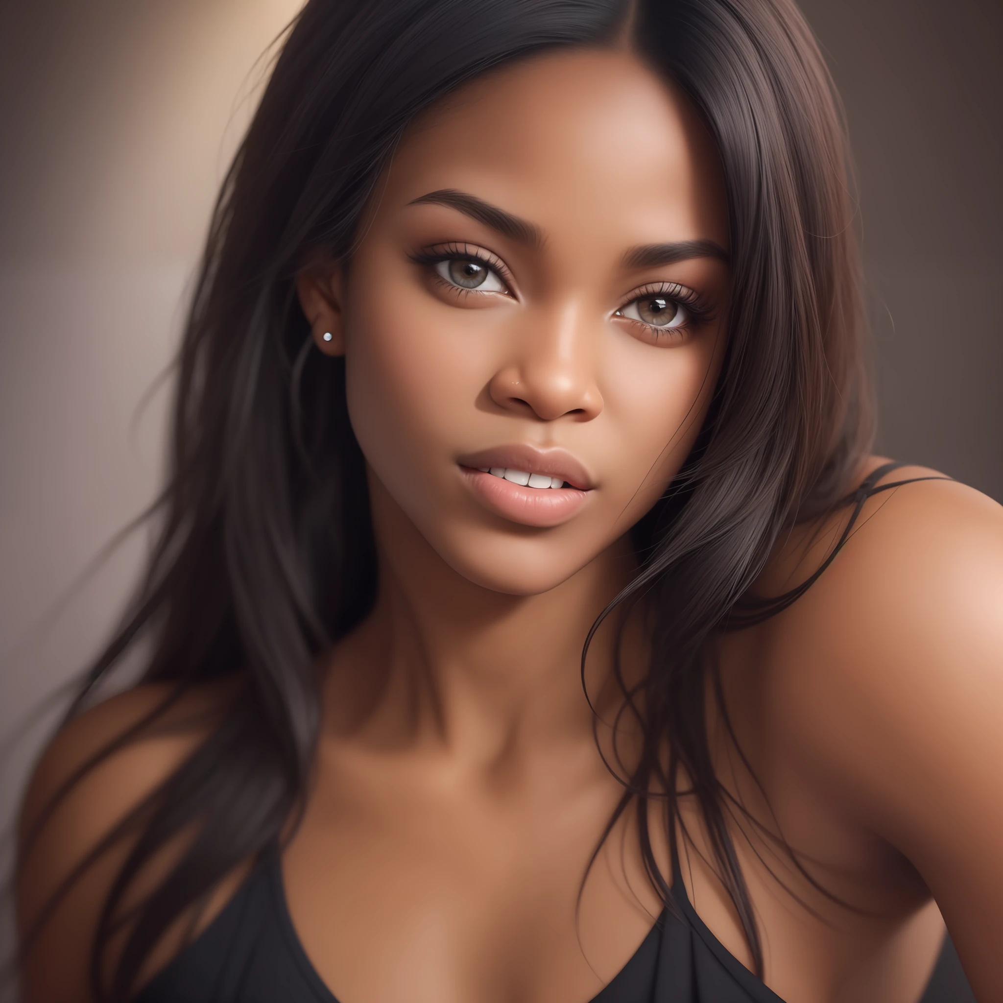 black female blkmndy, aggression, flirting with the camera, natural skin texture, hyper realism soft light, close up portrait photo by Annie Leibovitz, film, studio lighting, detailed skin, ultra realistic, bokeh, sharp feature