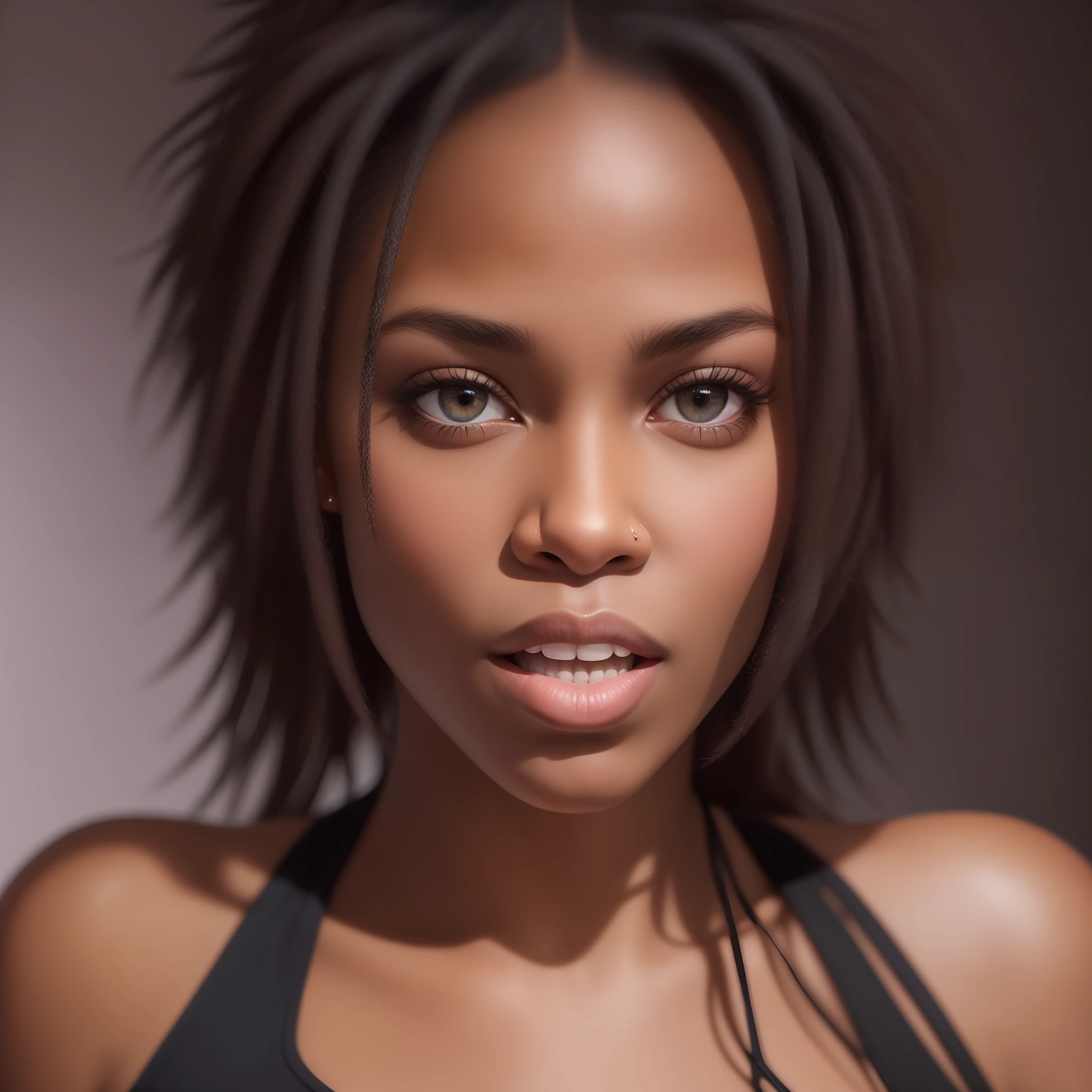 black female blkmndy, aggression, flirting with the camera, natural skin texture, hyper realism soft light, close up portrait photo by Annie Leibovitz, film, studio lighting, detailed skin, ultra realistic, bokeh, sharp feature