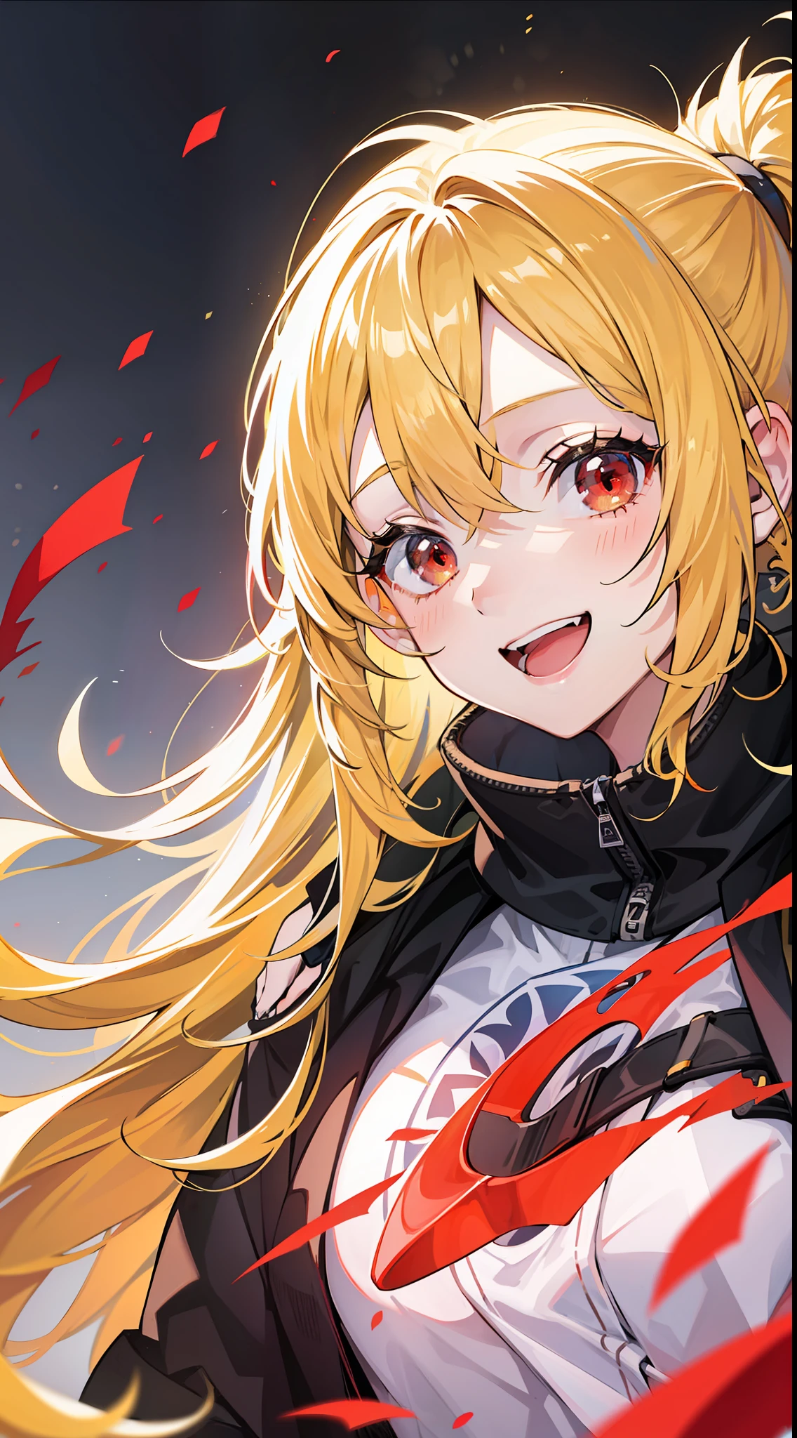 young girl, long yellow hair, high ponytail, red eyes, open Jedi form, Smile, open mouth, Masterpiece, high qulity