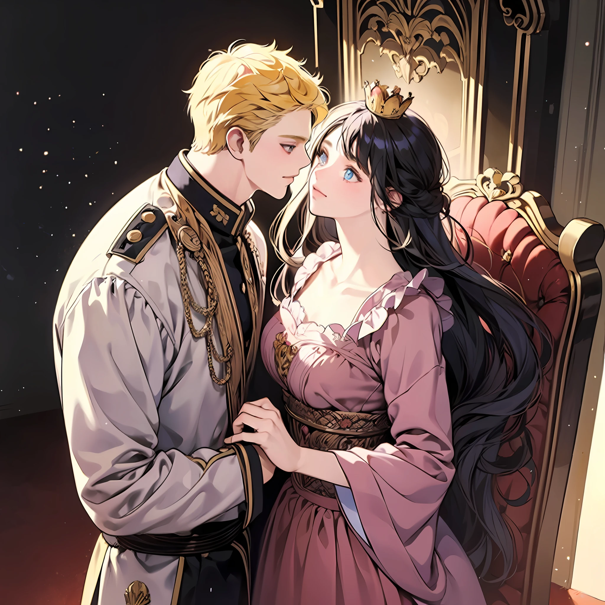 blonde man, dark blue hair girl, naruhina, throne, masterpiece, couple, standing, royalti, nobility, (((crowns))), king, queen, looking into each other eyes, romantic