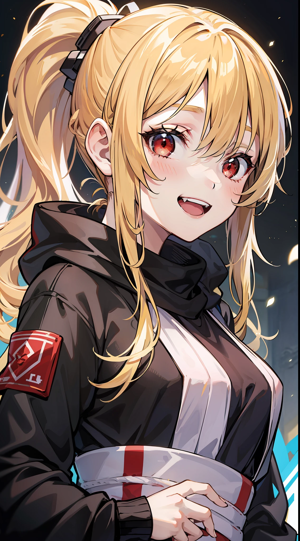 young girl, long yellow hair, high ponytail, red eyes, open Jedi form, Smile, open mouth, Masterpiece, high qulity