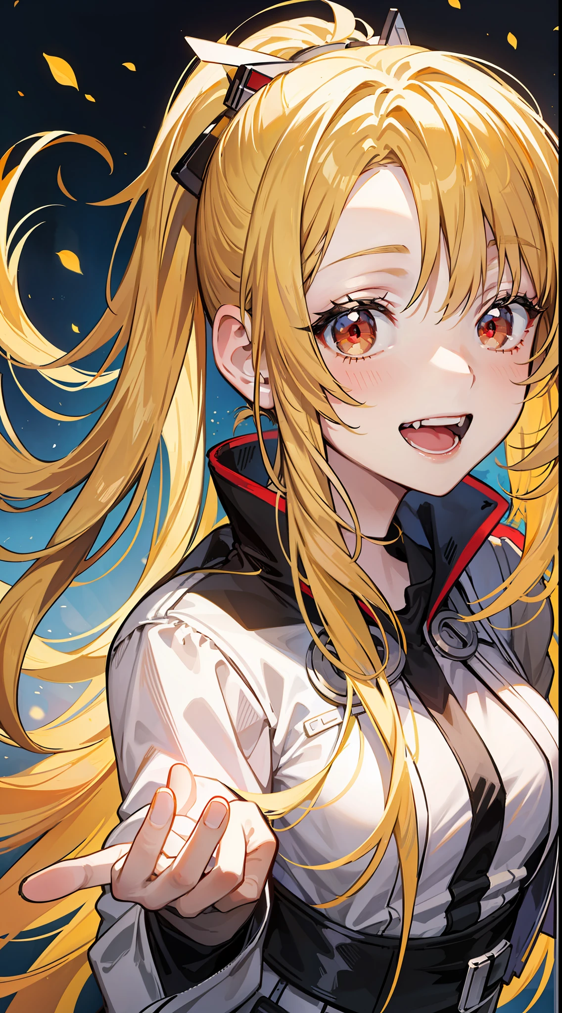 young girl, long yellow hair, high ponytail, red eyes, open Jedi form, Smile, open mouth, Masterpiece, high qulity