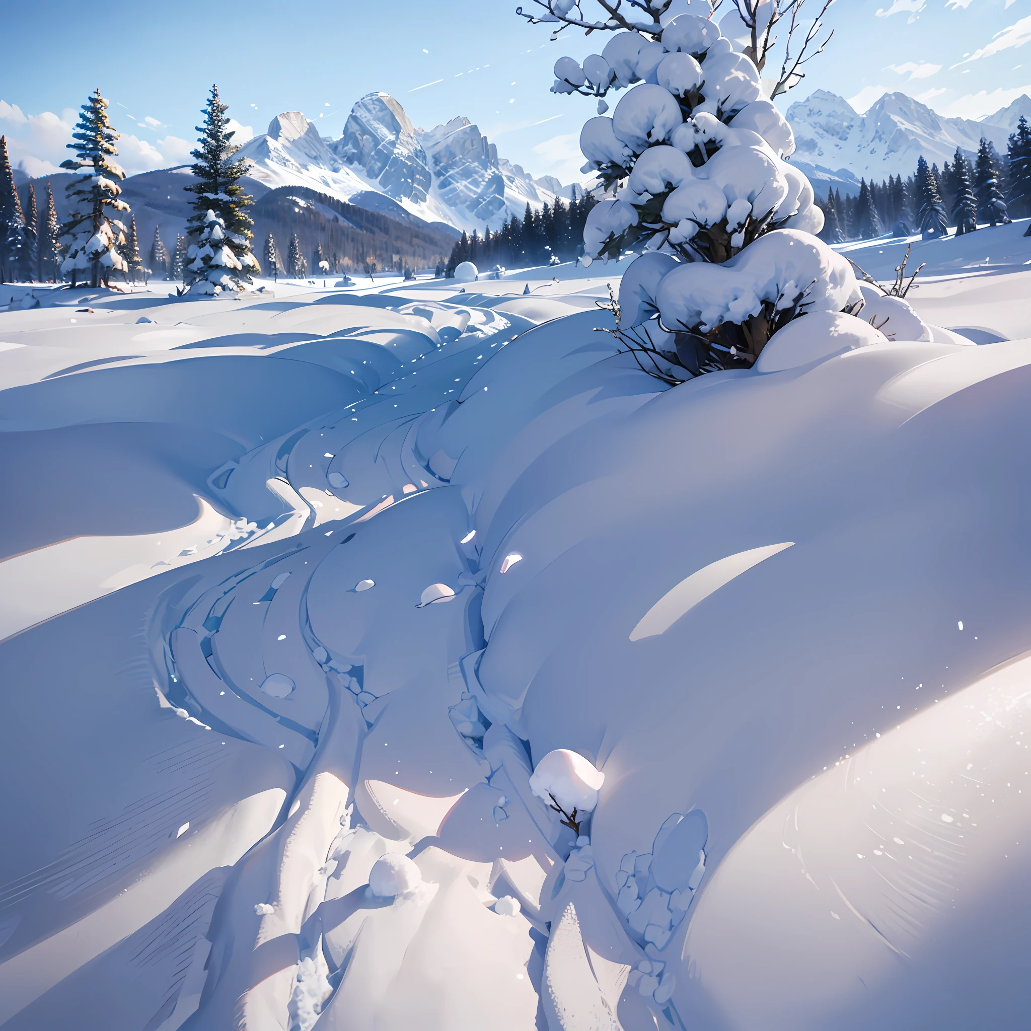 snow field, some of alpine tree, snow are falling down to the earth, lighting ultraviolet light,resloution 8k ((photorealistic)) --auto