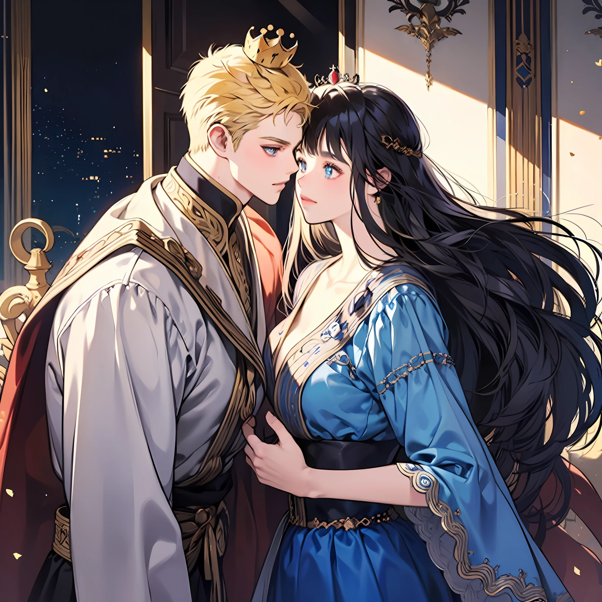 blonde man, dark blue hair girl, naruhina, throne, masterpiece, couple, standing, royalti, nobility, (((crowns))), king, queen, looking into each other eyes, romantic