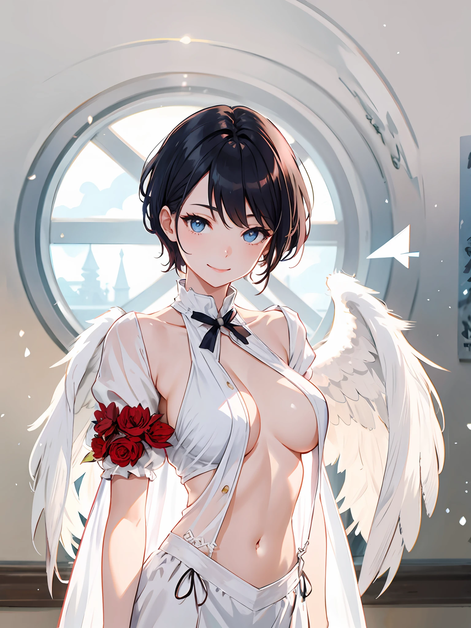 A high resolution, 最好质量, illutst, ultra hyper-detailed, (details face), (detailedeyes), Soft lighting, 最好质量, ultra hyper-detailed, 巨作, 1girl in, 独奏, exposed breast、Beautiful valley、Sagging、 waist shot, a smile, Woman in white dress with angel wings and red heart, With short hair, pale snow-white skin, Beautiful Angel Girl、arrow、the clouds、A white-haired