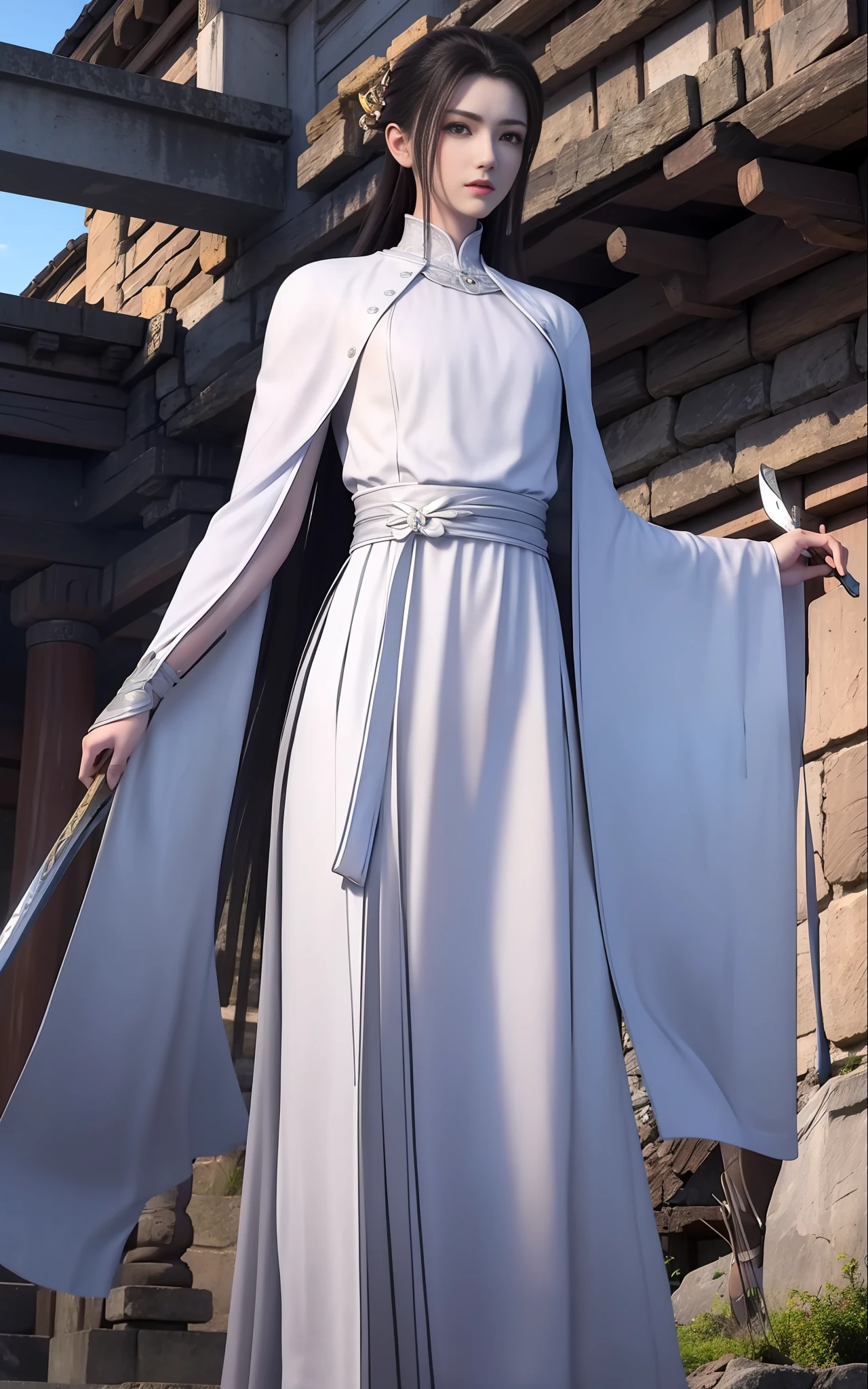 swordsmen，White robe white，length hair，Ancient buildings，Deep mountains