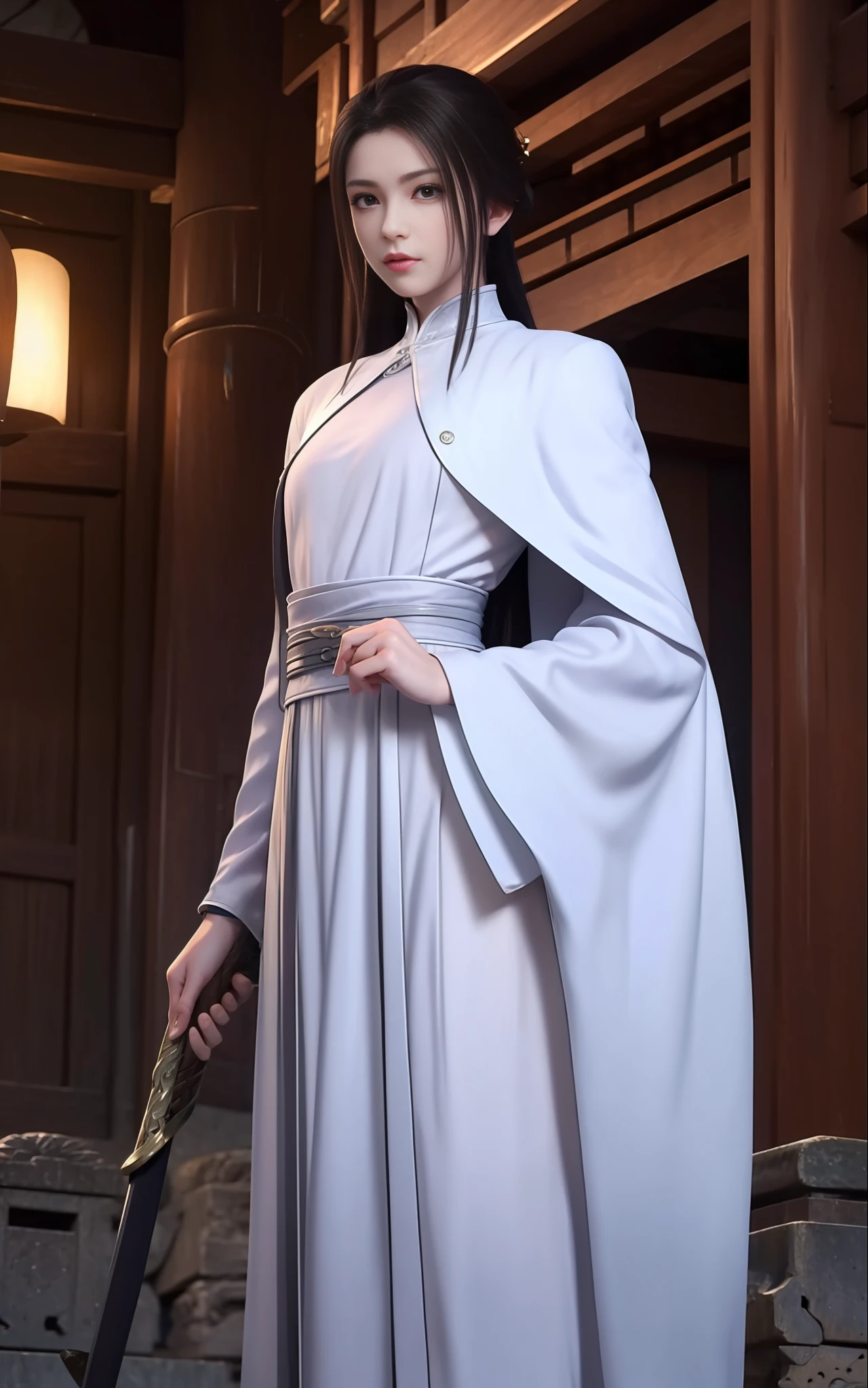 swordsmen,White robe white,length hair,Ancient buildings,Deep mountains