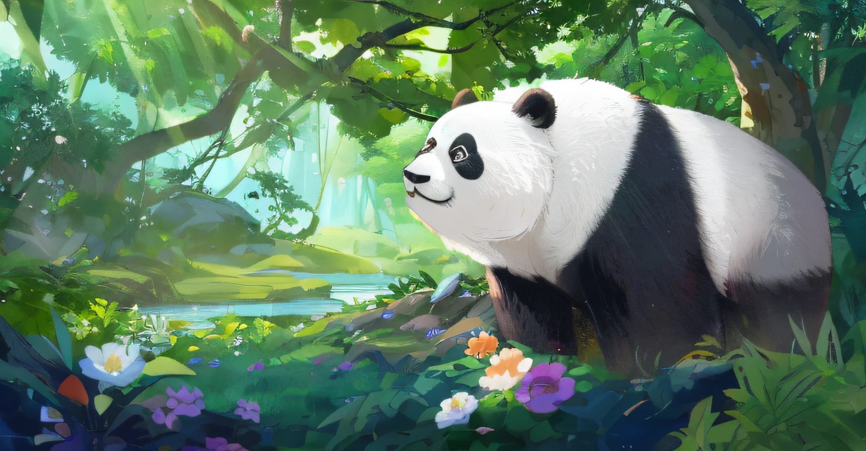 panda bear in the jungle with flowers and trees in the background, tian zi, Panda, a cute giant panda, inspired by Luo Mu, feng zhu |, inspired by Luo Ping, panda panda panda, digital painting highly detailed, Cute panda, inspired by Wu Zhen, A beautiful artwork illustration, Mobile game art, yin zhen chu, highly detailed scenario