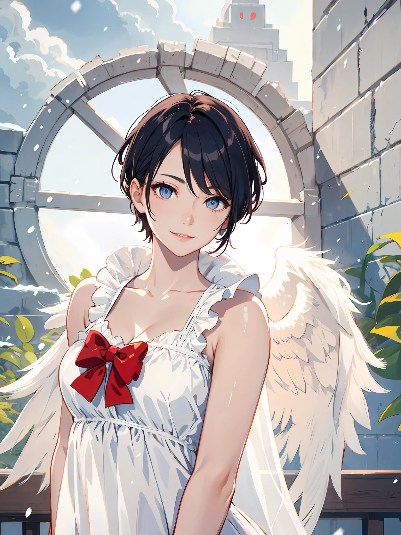 A high resolution, 最好质量, illutst, ultra hyper-detailed, (details face), (detailedeyes), Soft lighting, 最好质量, ultra hyper-detailed, 巨作, 1girl in, 独奏, exposed breast、Beautiful valley、Sagging、 waist shot, a smile, Woman in white dress with angel wings and red heart, With short hair, pale snow-white skin, Beautiful Angel Girl、arrow、the clouds、A white-haired