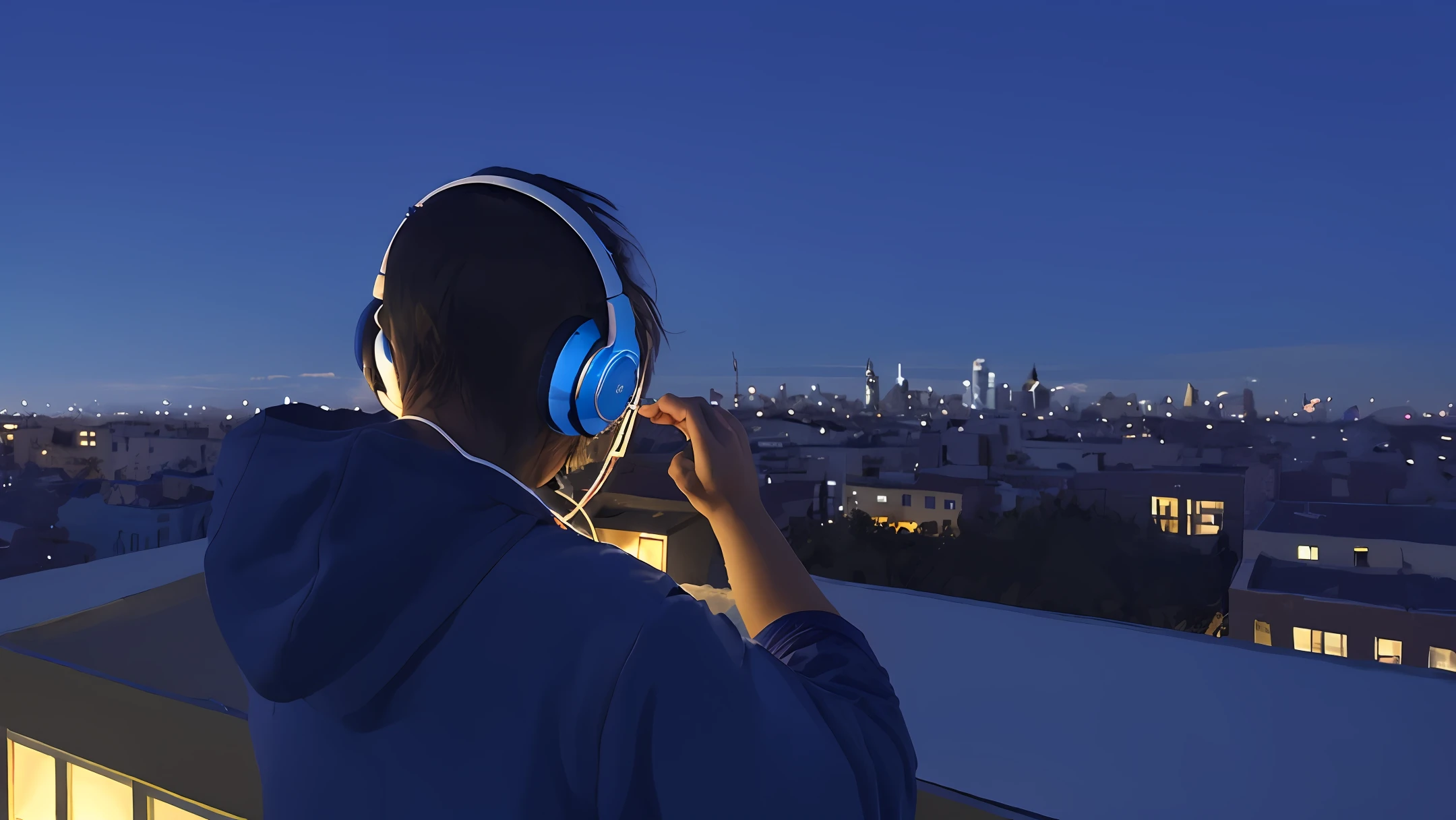 I want a picture of a ??? on the roof listening to music with headphones at night