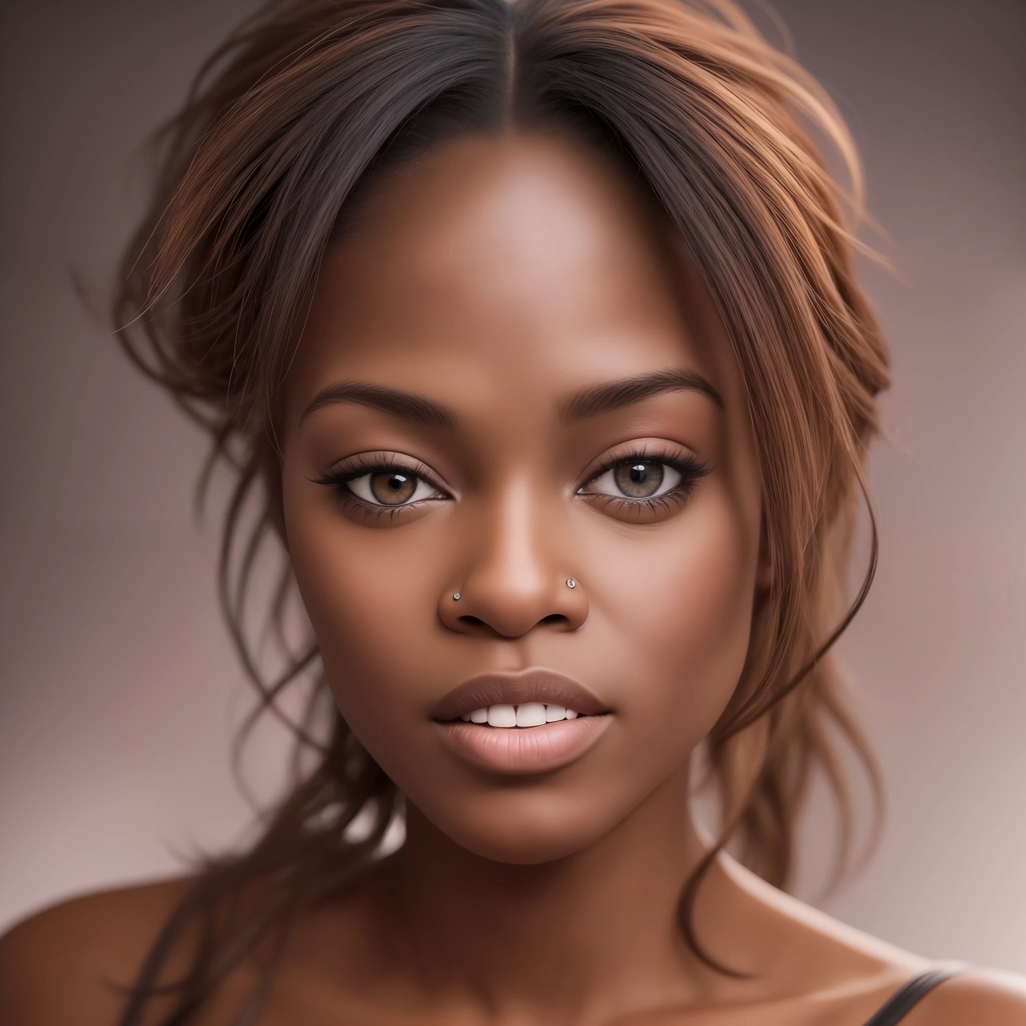 black female blkmndy, aggression, flirting with the camera, natural skin texture, hyper realism soft light, close up portrait photo by Annie Leibovitz, film, studio lighting, detailed skin, ultra realistic, bokeh, sharp feature