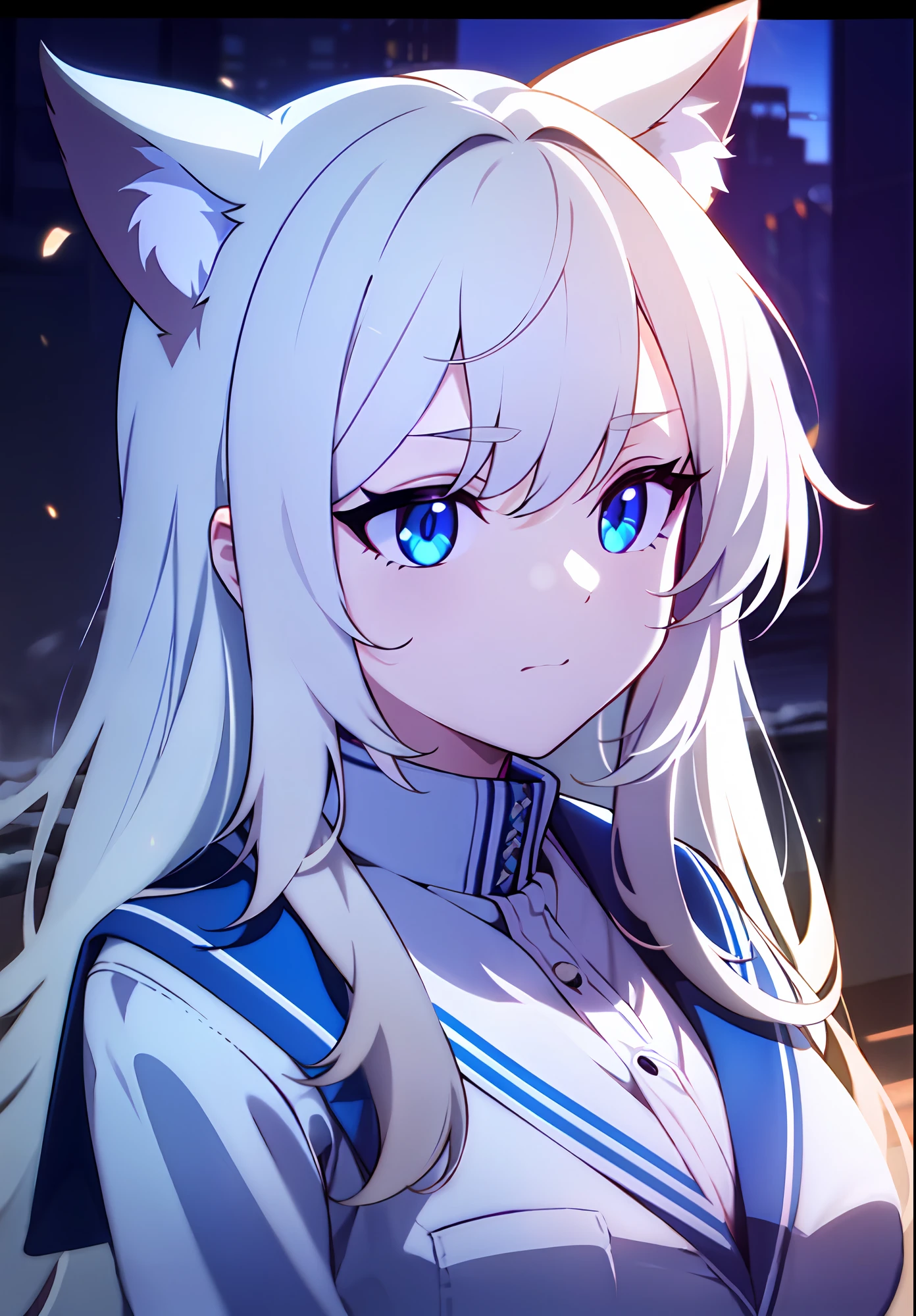 {{{{masterpiece, extremely detailed, intricate details, soft focus, 8K, highres, depth of field, absurdres, high quality facial shadowing, dynamic shadowing, extreme shaders, cinematic lighting, perfect lighting, soft lighting, hazy lighting, blurry foreground, lens flare}}}}, {cat girl}, {white hair}, {long hair}, {blue eyes}, {winter school uniform}