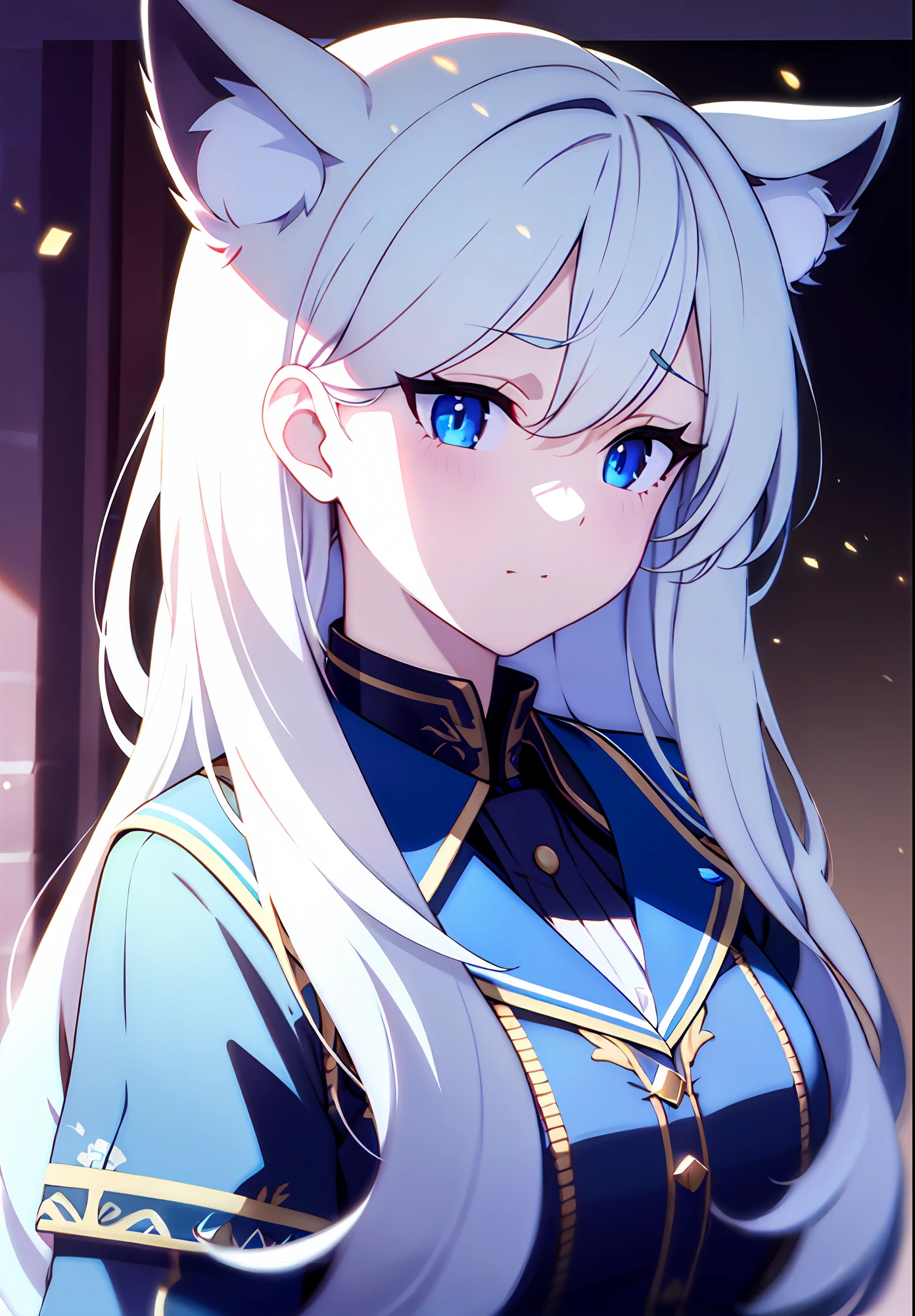 {{{{masterpiece, extremely detailed, intricate details, soft focus, 8K, highres, depth of field, absurdres, high quality facial shadowing, dynamic shadowing, extreme shaders, cinematic lighting, perfect lighting, soft lighting, hazy lighting, blurry foreground, lens flare}}}}, {cat girl}, {white hair}, {long hair}, {blue eyes}, {winter school uniform}