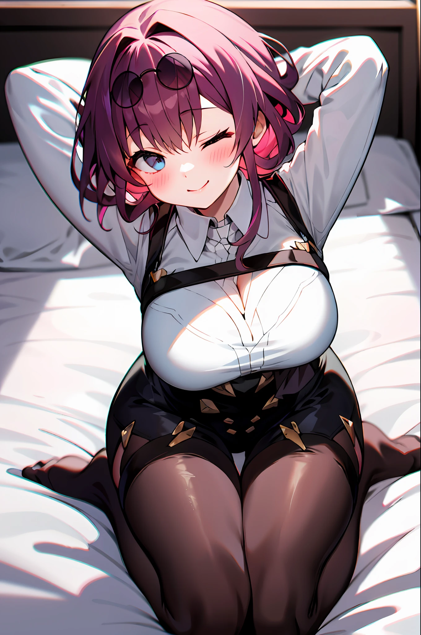 best quality, masterpiece, kafka, 1girl, solo, looking at viewer, blush, sitting, on bed, seductive smile, arms behind head, sunglasses, eyewear on head, collared shirt, seiza, one eye closed, bent over