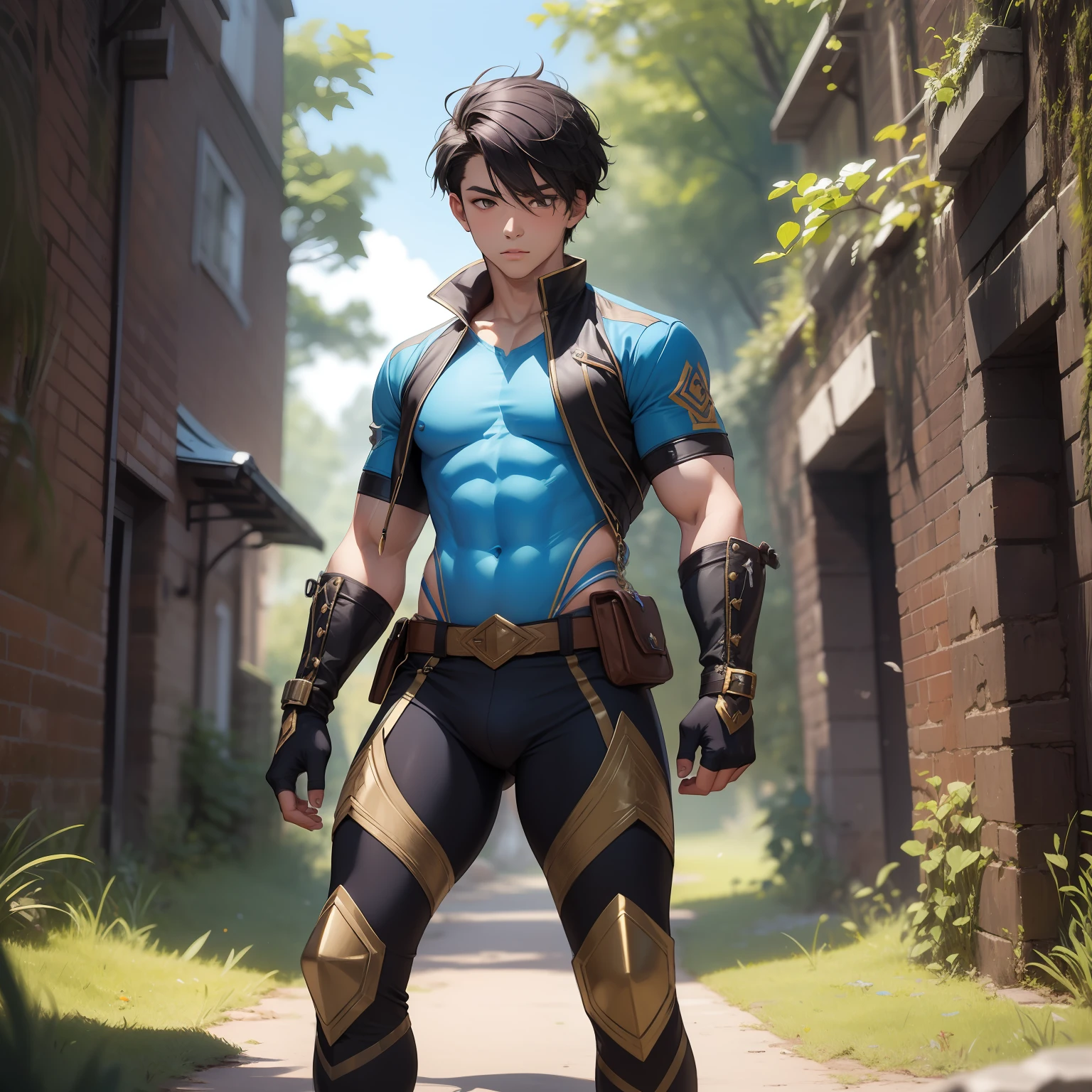 19-year-old boy, pelo azul oscuro erizado, Fantasy adventurer clothing, atletic body, listones