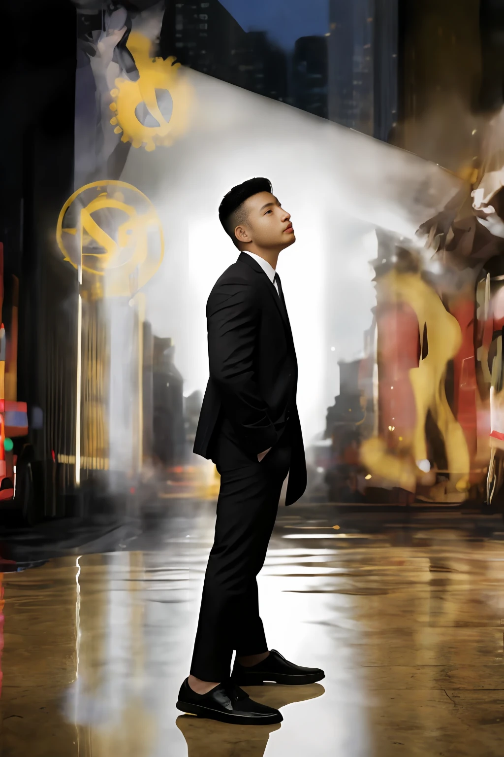 1 oriental male, big bumps, stubble. A 30-year-old muscular man wearing glasses, a reflective windbreaker, long-sleeved white shirt and tie, and leather shoes. Full body, soft lighting. In the city. masterpiece, Best quality, 8K UHD, Digital SLR, filmgrain, Fujifilm XT3 photorealistic painting art