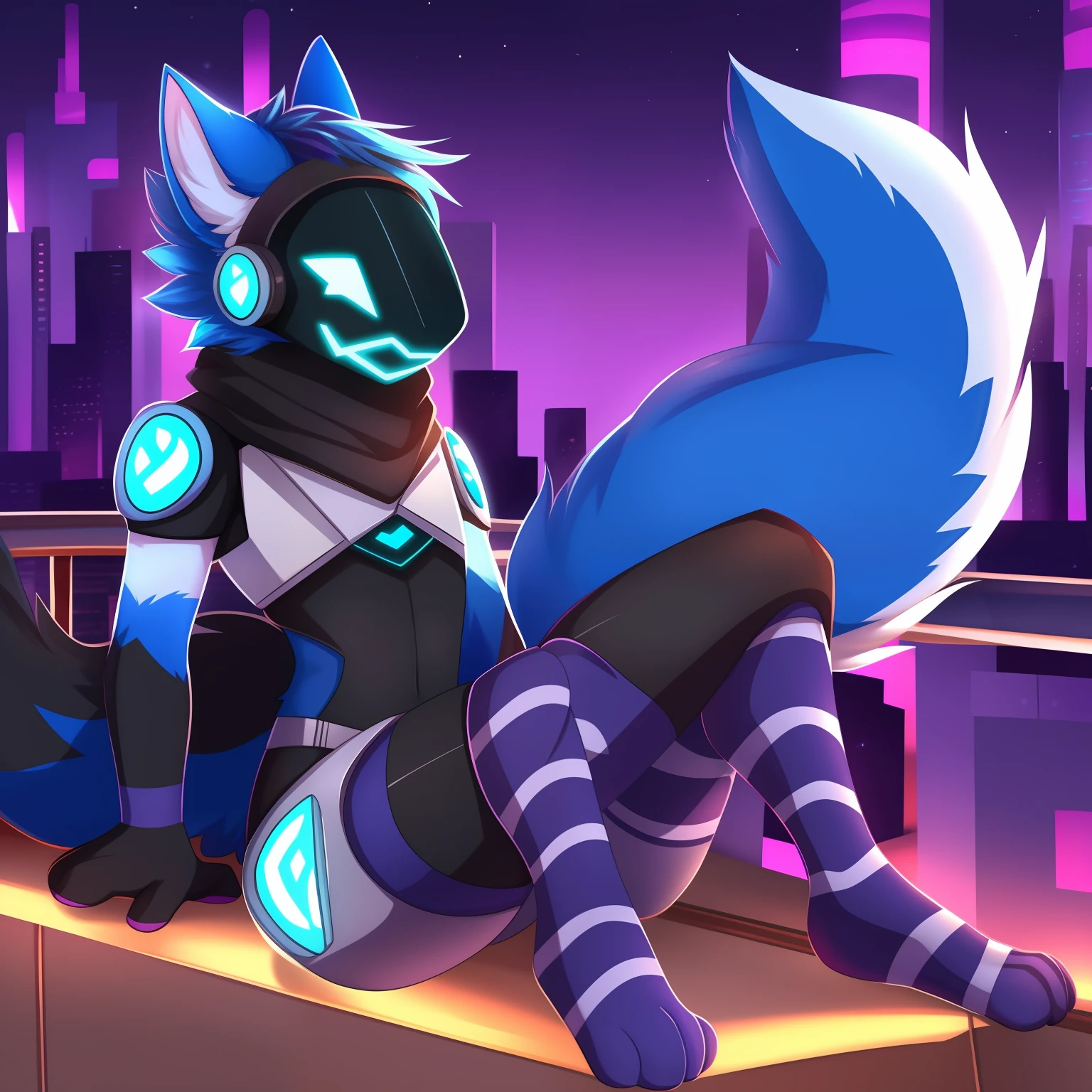 Protogen, pelaje plateado y ojos verdes, pelaje suave, cuerpo detallado, de pie