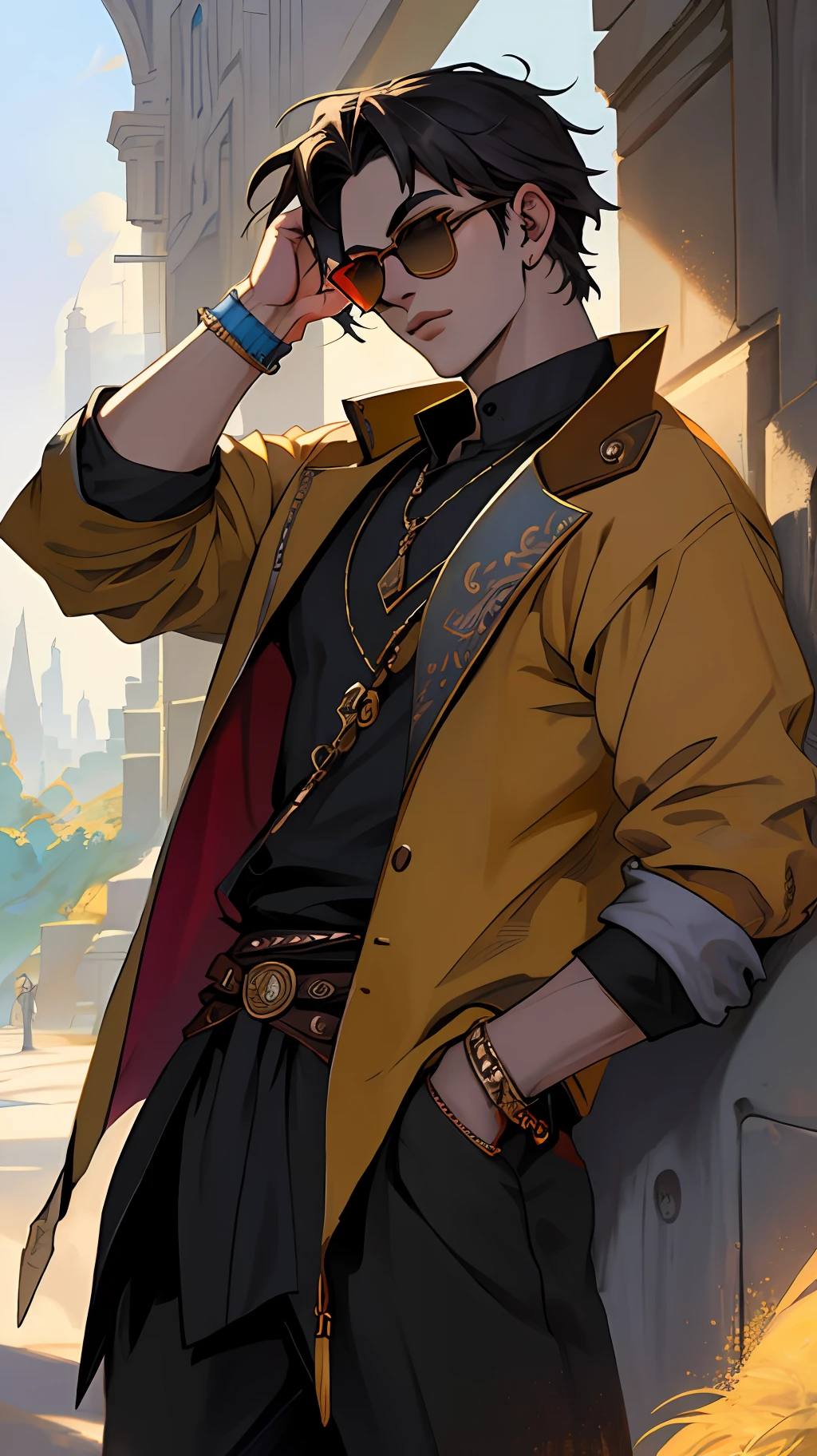 DBfantasyart style，masterpaintings，1boy，A boy with，manhwa，ighly detailed，8k解像度，Wear stylish clothes，Wearing sunglasses，cinematlic lighting，Dark Boy