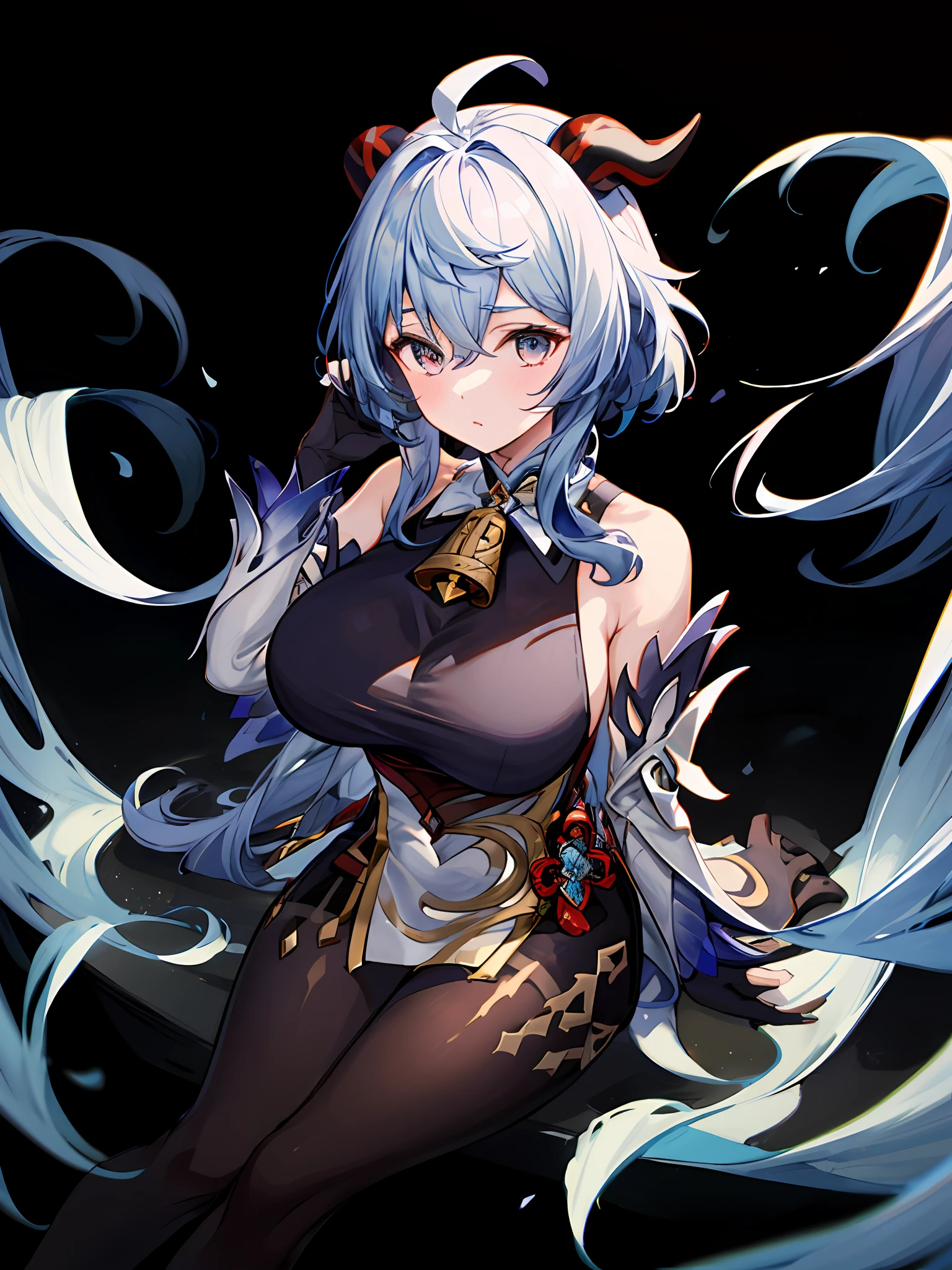 ((巨作,Best quality)),(Negative space:1.4),(1girl huge large breasts, solo:1.4),Beautiful detailed eyes,floating light blue short hair, dark red horns, bell on her neck, sleeveless black shirt, Black stockings, white separate sleeves, sitting on a cloud surrounded by fluffy clouds and small white flowers，gros-plan，1girl huge large breasts （masterpaintings） （beste-Quality） （shinny hair） （shiny shiny skin）， Gan Yu\（genshin impact\）， lightblue hair，