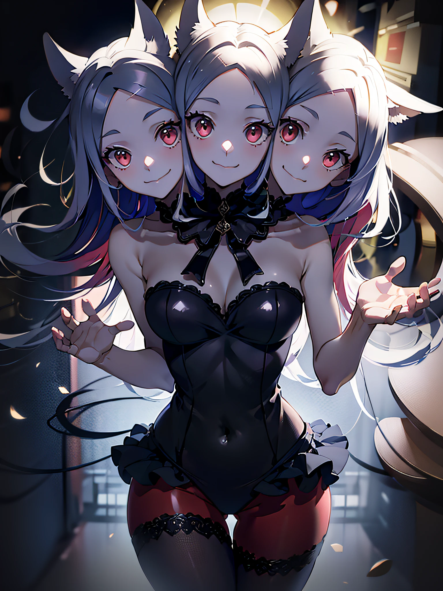 best resolution, halfbody shot, (3heads:1.5),  1 animegirl with three heads, Helltaker, CERBERUS!!!, digital background