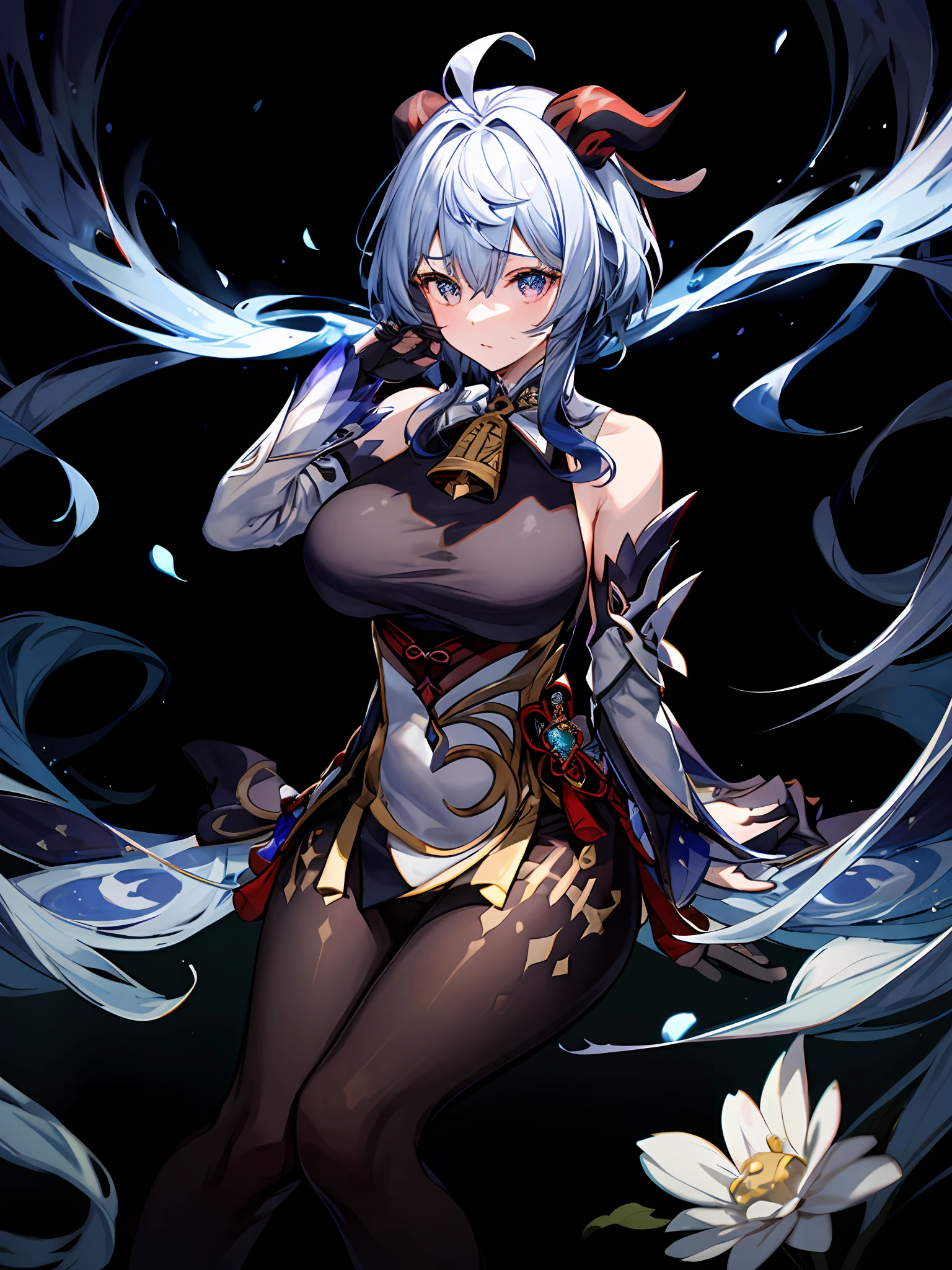 ((巨作,Best quality)),(Negative space:1.4),(1girl huge large breasts, solo:1.4),Beautiful detailed eyes,floating light blue short hair, dark red horns, bell on her neck, sleeveless black shirt, Black stockings, white separate sleeves, sitting on a cloud surrounded by fluffy clouds and small white flowers，gros-plan，1girl huge large breasts （masterpaintings） （beste-Quality） （shinny hair） （shiny shiny skin）， Gan Yu\（genshin impact\）， lightblue hair，