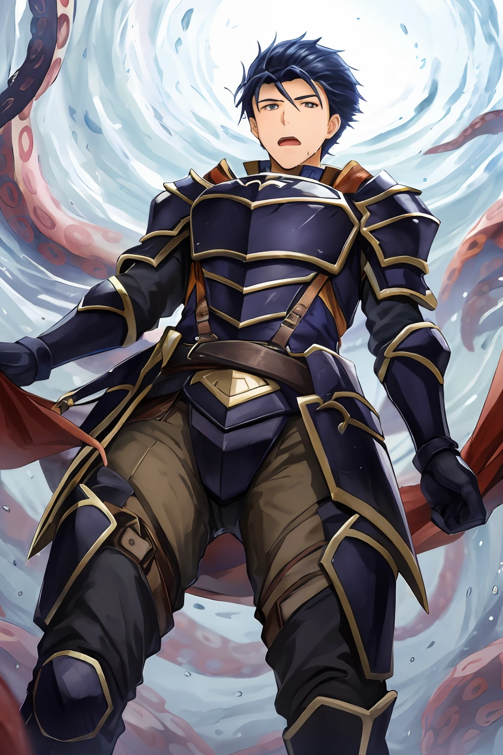 Hector Fey， 独奏， looking ath the viewer，（Tied in the air by tentacles） ，opening his mouth（Tentacles stuff the mouth），droolng，perspire，Get wet， mitts， 1boys， Male focus，Tentacles wrapped around thighs（Octopus tentacles wrap around thighs）， cloaks， Armour， Shoulder armor， Leggings，look from down