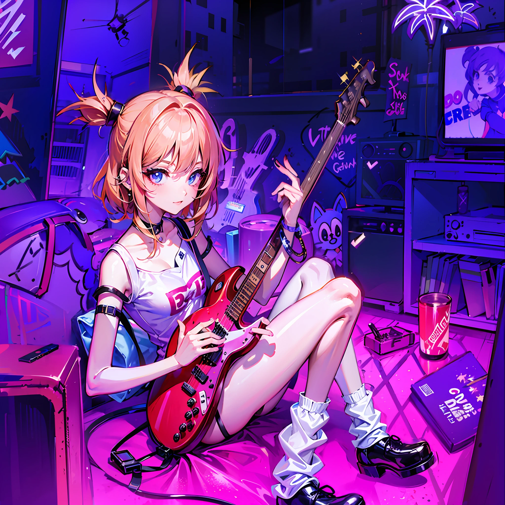 anime girl with guitar in a messy room with a tv, 8 0 s anime vibe, in the art style of 8 0 s anime, Improvise music, 8 0 s anime style, 8 0 s anime art style, rocking out, low res, 90's anime style, 9 0 s anime style, anime vibes, Double ponytail blast-headed girl, ear studs, Punk girl, messy rooms, Normal limb proportions, Stack socks