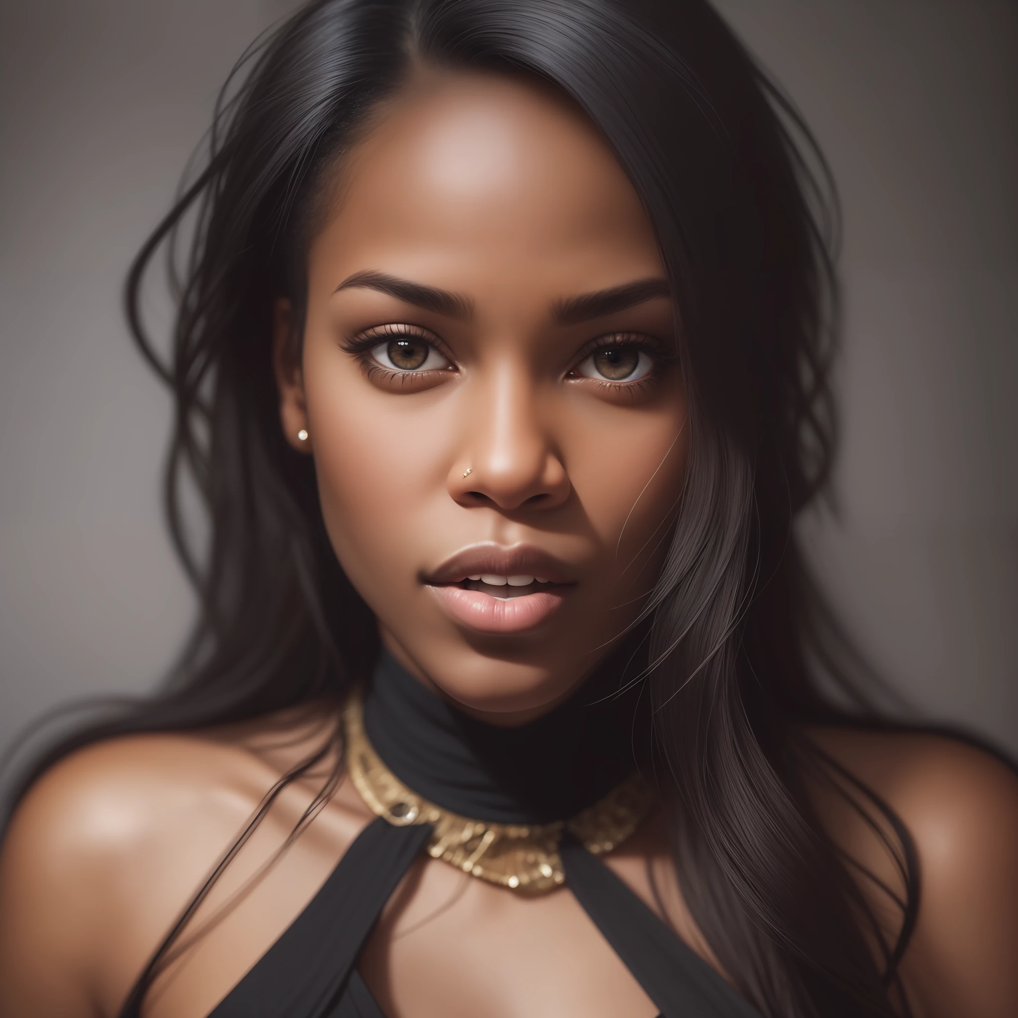 black female blkmndy, aggression, flirting with the camera, natural skin texture, hyper realism soft light, close up portrait photo by Annie Leibovitz, film, studio lighting, detailed skin, ultra realistic, bokeh, sharp feature