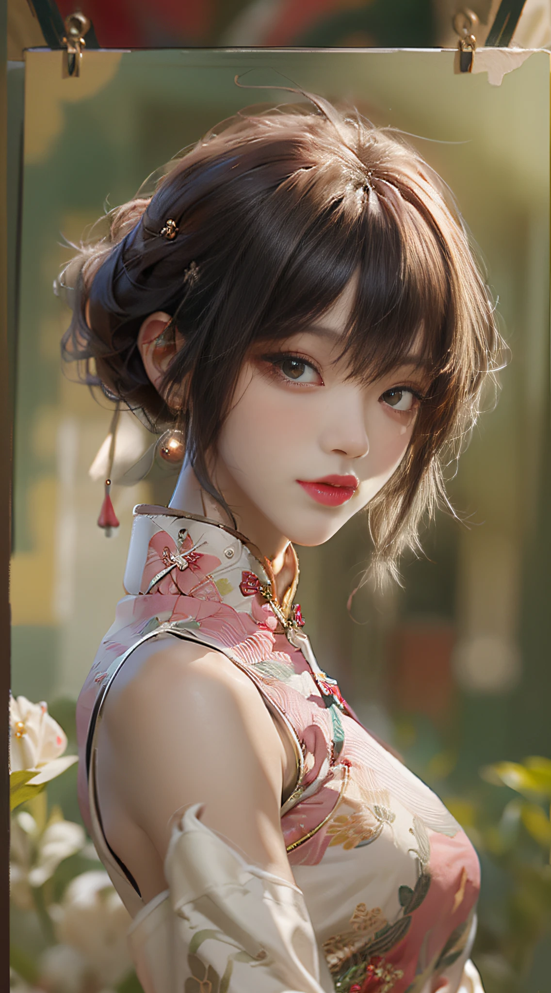 {{masterpaintings}}，{{the best quality}}}，{super-fine}，{{The best lighting}}，{{The best shadow，Extremely delicate}}，dynamic angle，{{glitters}}，{{illustration}}，{{painting of a}}，[[sketching]]，1Women，solo，Middle age，skin fair，There are necklaces，gray hairs，Short Hair Hair，skin fair，dark eye，eye glass，(((on cheongsam)))，The features are clear，Detailed eyes，photorealestic，((((Redlip))))，Wash the painting，white theme，Charming，