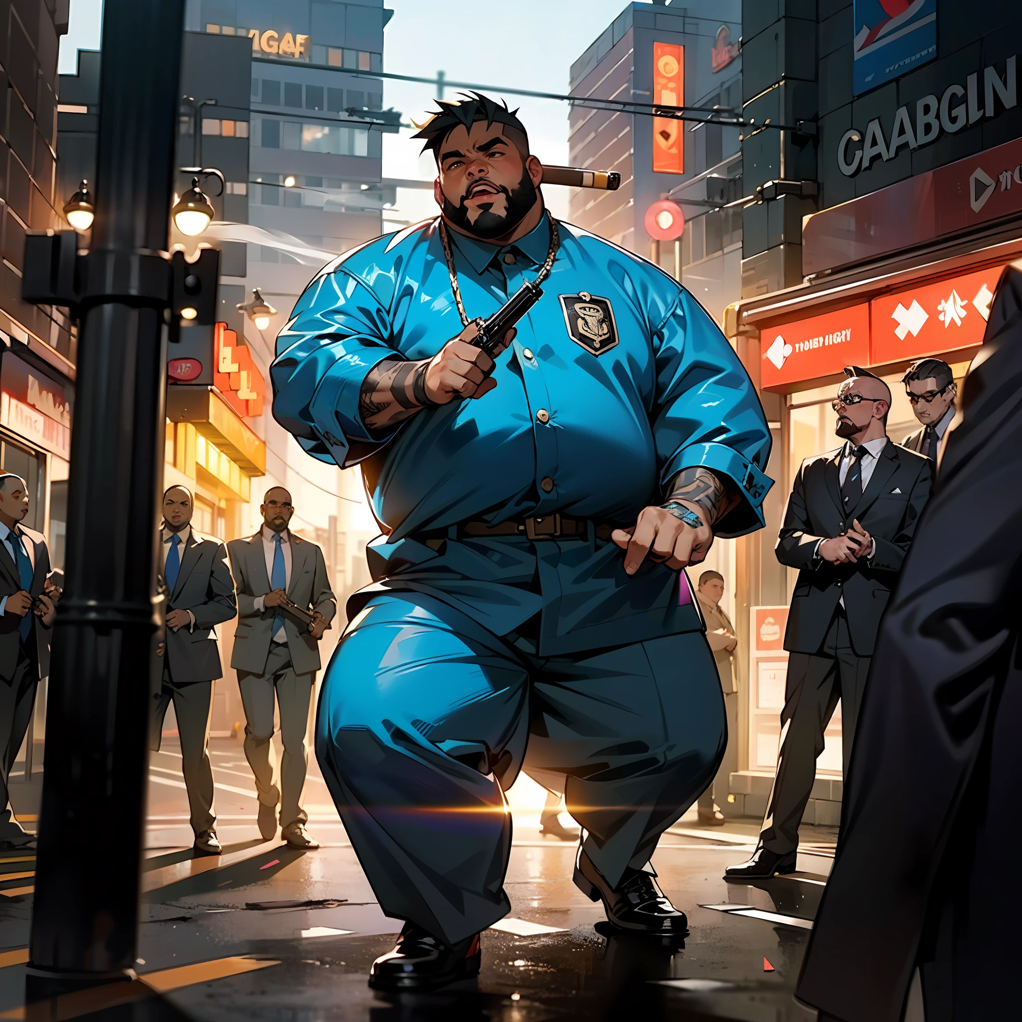 Fat black man, gangster, cigar in mouth, angry, gang clothes, gang squard with him, shootout, dreadlocks, gun fight, guns, gang cars in background, suburban neibourhood setting (natural skin texture, hyperrealism, soft light, sharp), night time, street light illumination, full body shot, gang, gang war