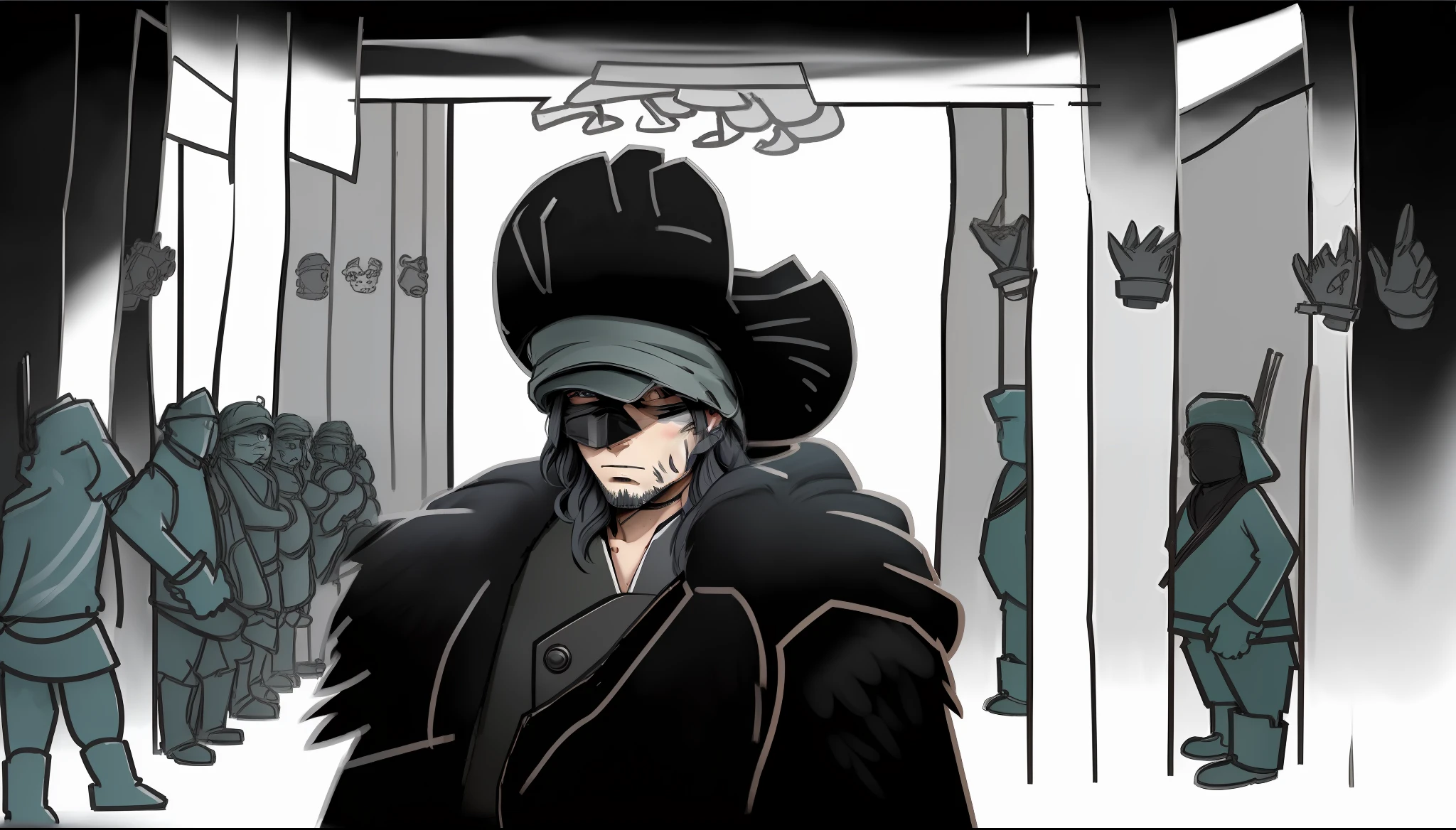 Caves inside the bunker,1 Asian man,With a beard,Wears a black fur hat and black fur coat,The eyes are blindfolded,Black hair, Blindfold, covering eyes,Ghibli-like colors, image fill, character sheets, Perspective, 巨作, High quality,Cinematic lens quality,hand-drawn effect,High picture quality,4K