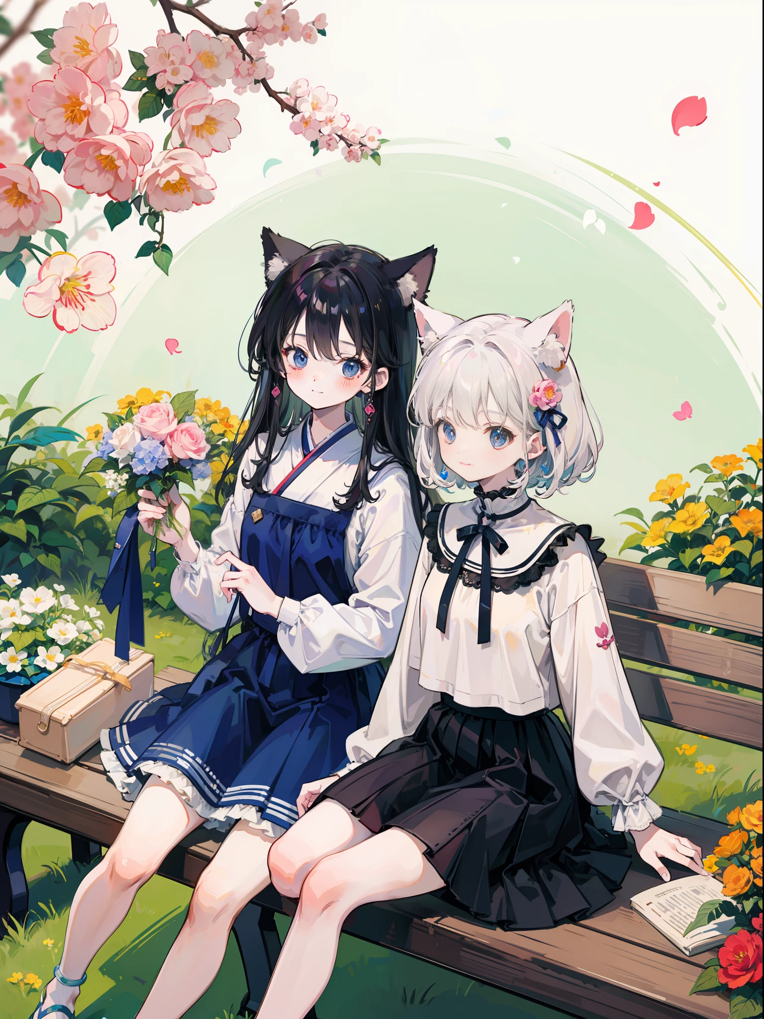 Anime Pictures。Bright and pretty shades。A cute woman with cat ears of about 18 years old sits on a bench in the pavilion of a garden full of flowers。Gentle smile。Clothing designed in the image of Hungarian national costume。mini-skirts。Flowers are fluttering。Cute geometric pattern background。Extremely high quality、Extremely high image quality、Maste Piece、Best-aesthetic