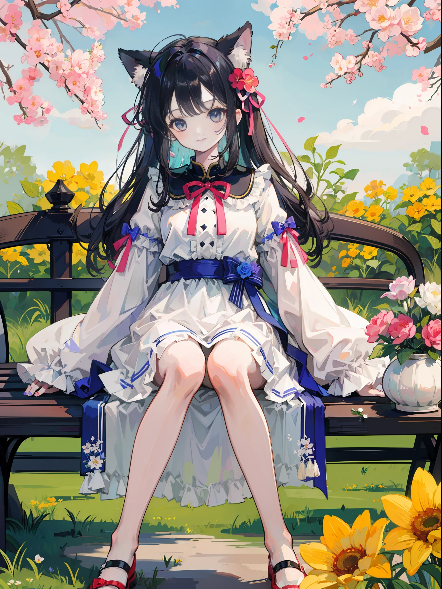 Anime Pictures。Bright and pretty shades。A cute woman with cat ears of about 18 years old sits on a bench in the pavilion of a garden full of flowers。Gentle smile。Clothing designed in the image of Hungarian national costume。mini-skirts。Flowers are fluttering。Cute geometric pattern background。Extremely high quality、Extremely high image quality、Maste Piece、Best-aesthetic