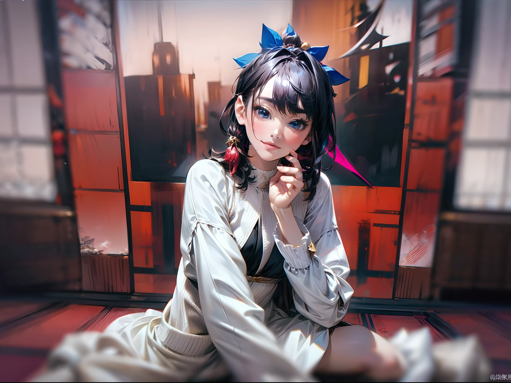 (巨作)、the detail、12K、in 8K、((Full-body photo from head to toe))、(((Twitter Taste Girls)))、Girl in tight white base dress、short dark hair、Hair is tied up、Colorful inner hair、Realistic and sharp details、portrait shooting、Super Intricate Details、Ultra-fine details、Stay outside